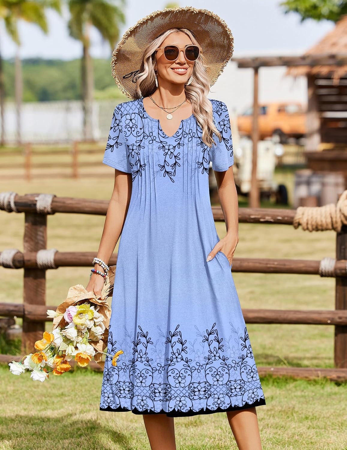 image:imageZeagoo Summer Dresses for Women 2026 Casual Short Sleeve Aline Midi Dress with Pocket Flowy Pleated Tshirt Beach SundressSf166