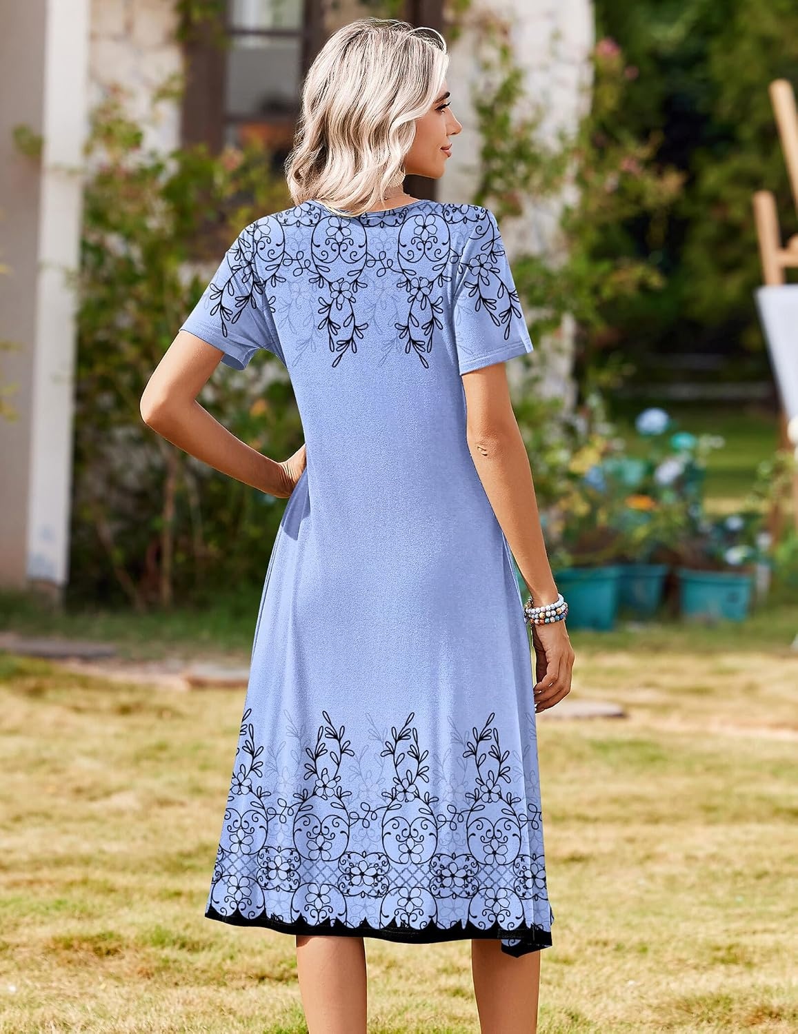 image:imageZeagoo Summer Dresses for Women 2026 Casual Short Sleeve Aline Midi Dress with Pocket Flowy Pleated Tshirt Beach SundressSf166