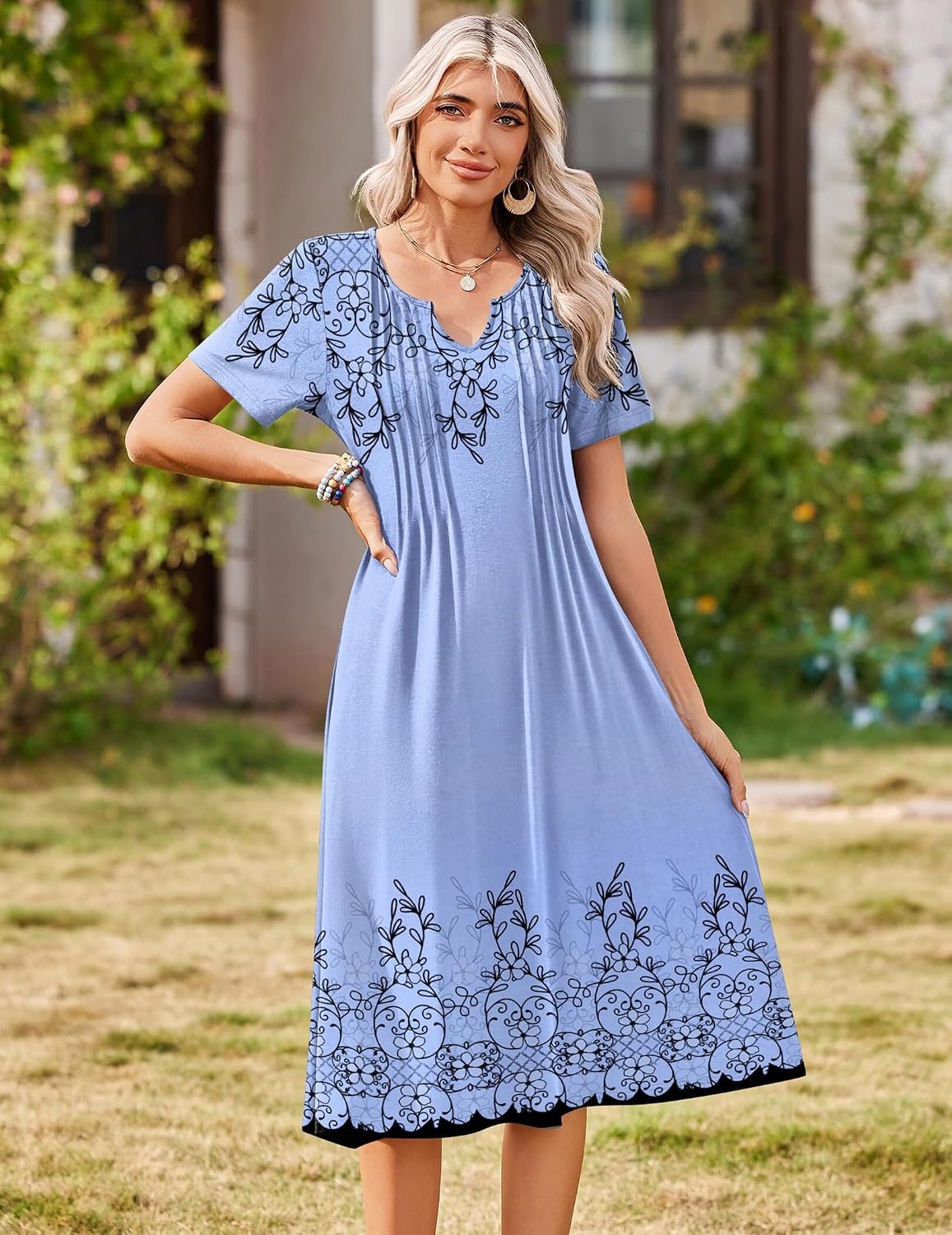 image:imageZeagoo Summer Dresses for Women 2026 Casual Short Sleeve Aline Midi Dress with Pocket Flowy Pleated Tshirt Beach SundressSf166