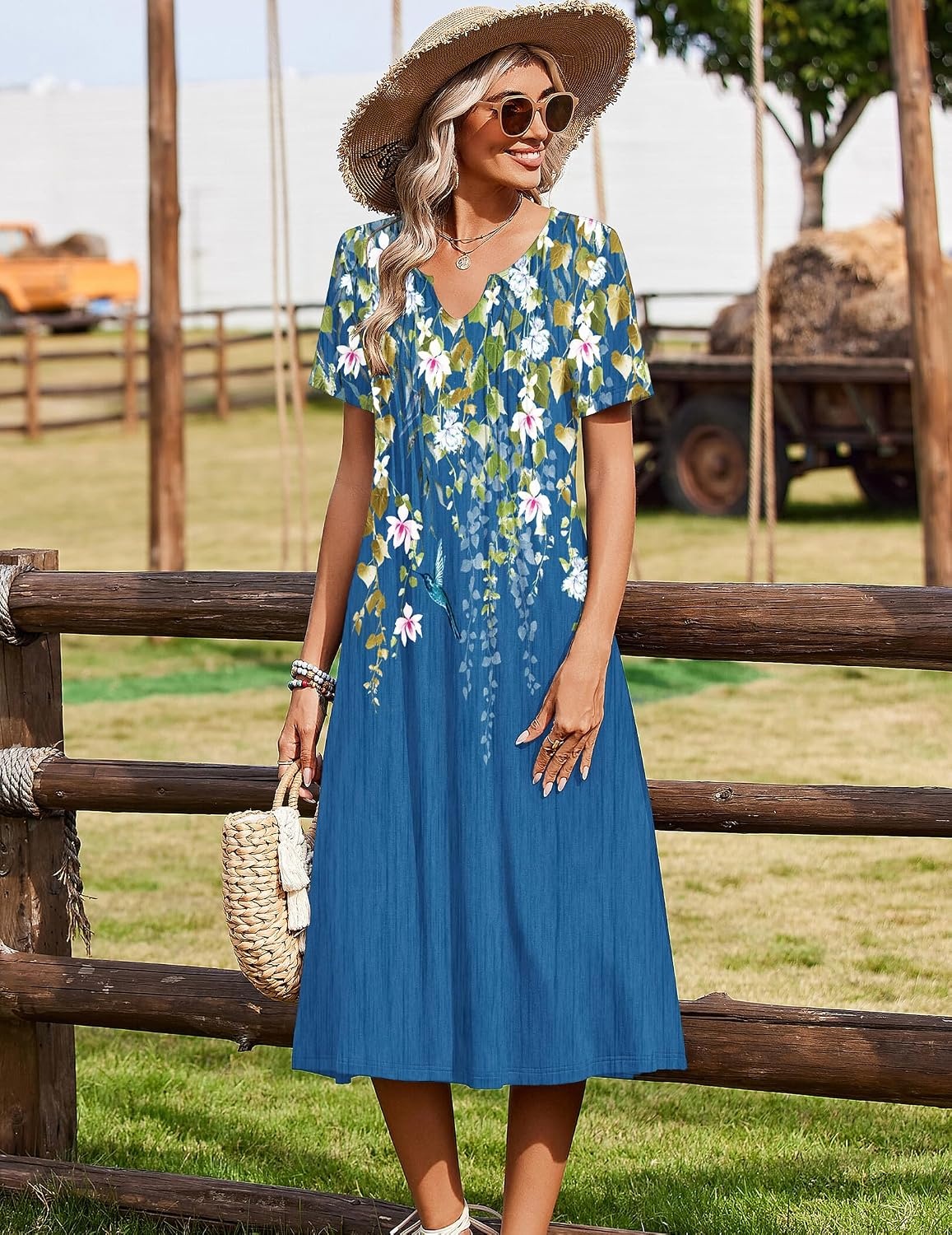 image:imageZeagoo Summer Dresses for Women 2026 Casual Short Sleeve Aline Midi Dress with Pocket Flowy Pleated Tshirt Beach SundressSf223