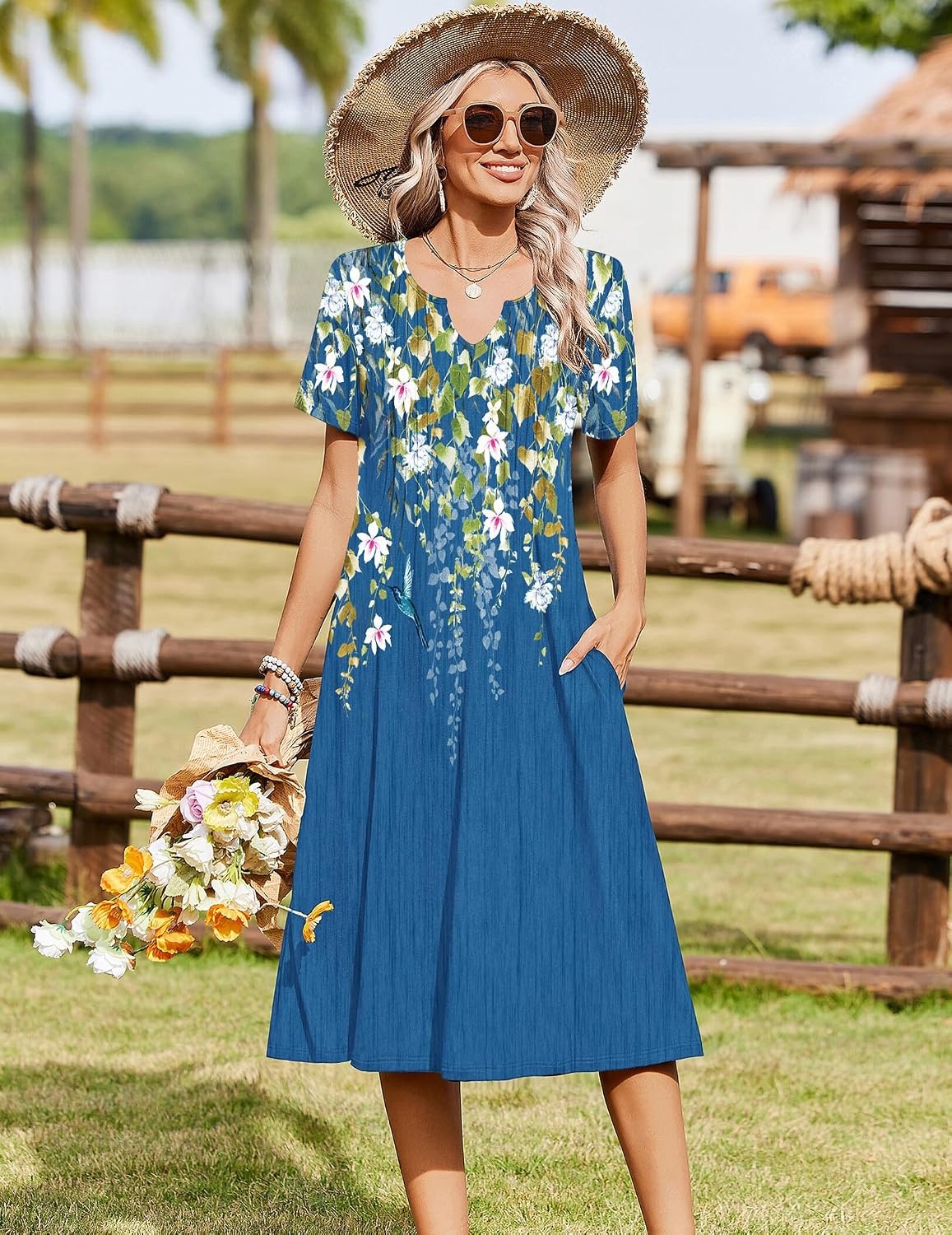 image:imageZeagoo Summer Dresses for Women 2026 Casual Short Sleeve Aline Midi Dress with Pocket Flowy Pleated Tshirt Beach SundressSf223