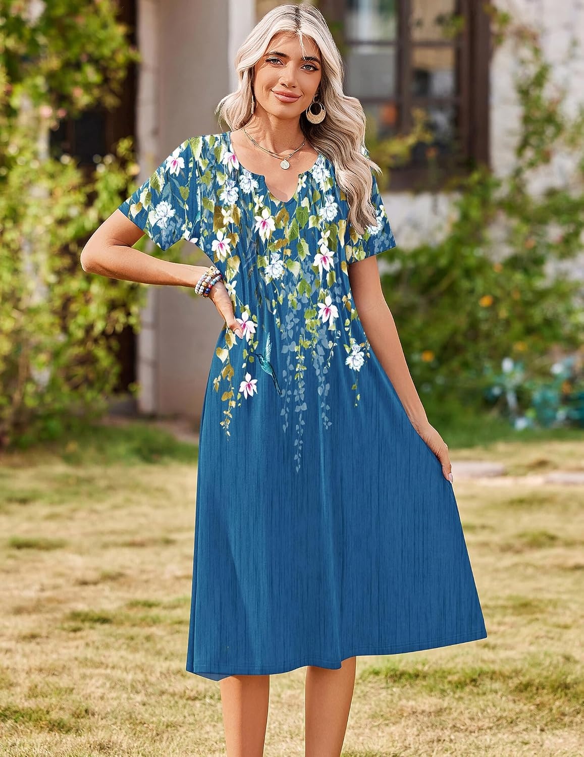 image:imageZeagoo Summer Dresses for Women 2026 Casual Short Sleeve Aline Midi Dress with Pocket Flowy Pleated Tshirt Beach SundressSf223
