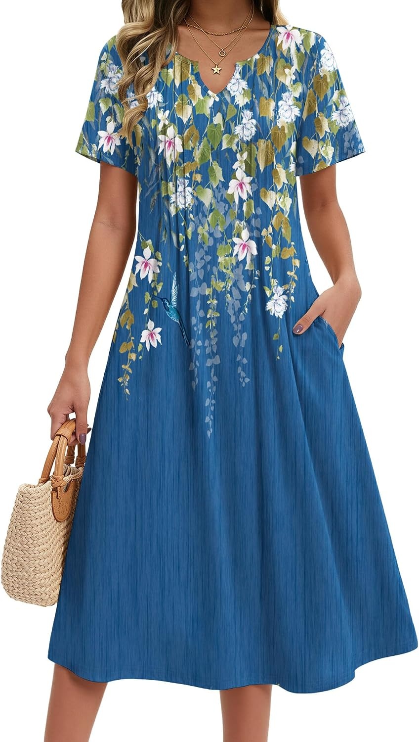 image:imageZeagoo Summer Dresses for Women 2026 Casual Short Sleeve Aline Midi Dress with Pocket Flowy Pleated Tshirt Beach SundressSf223