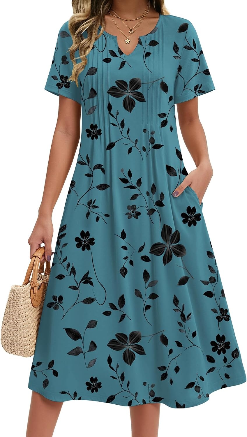 image:imageZeagoo Summer Dresses for Women 2026 Casual Short Sleeve Aline Midi Dress with Pocket Flowy Pleated Tshirt Beach SundressSf237