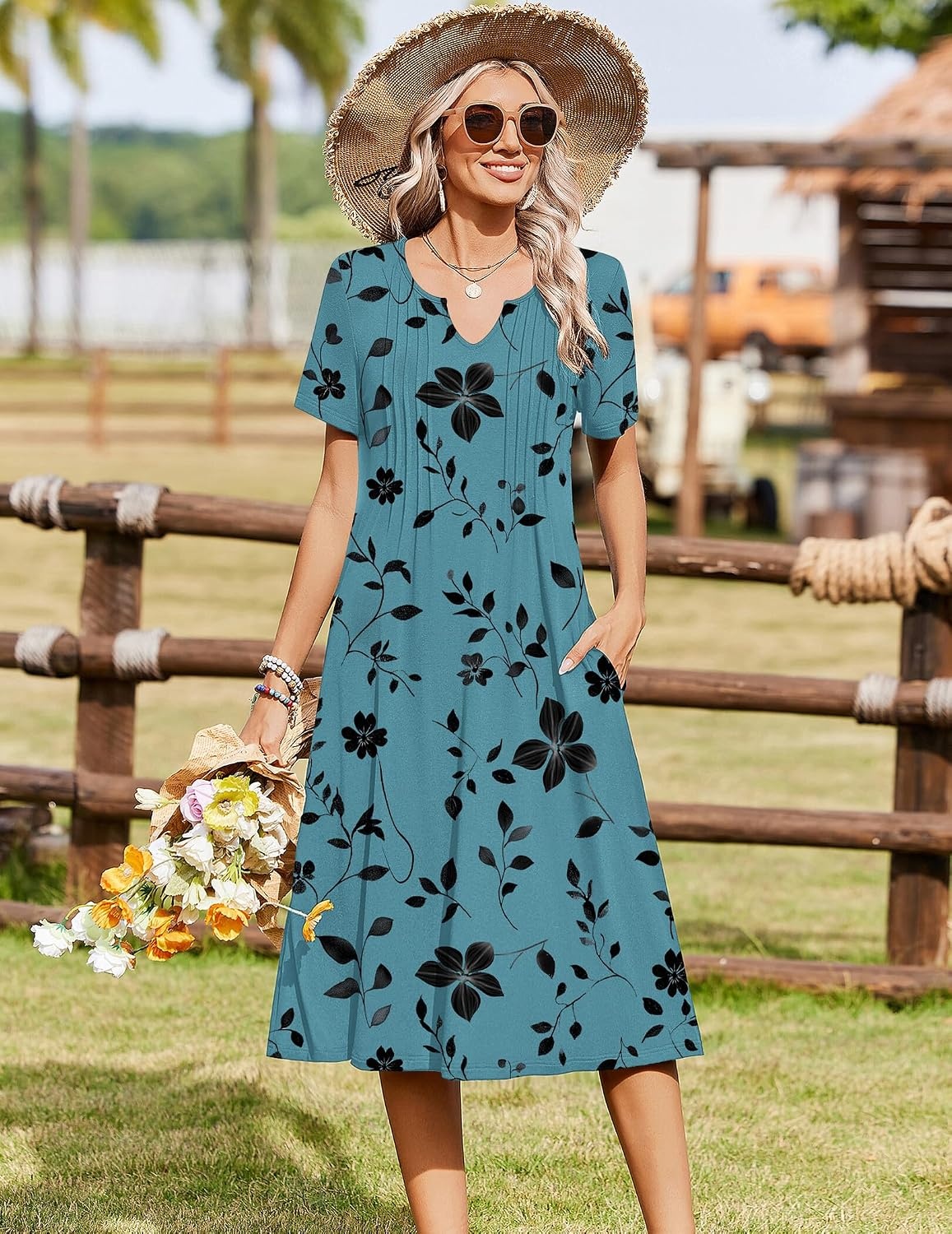 image:imageZeagoo Summer Dresses for Women 2026 Casual Short Sleeve Aline Midi Dress with Pocket Flowy Pleated Tshirt Beach SundressSf237
