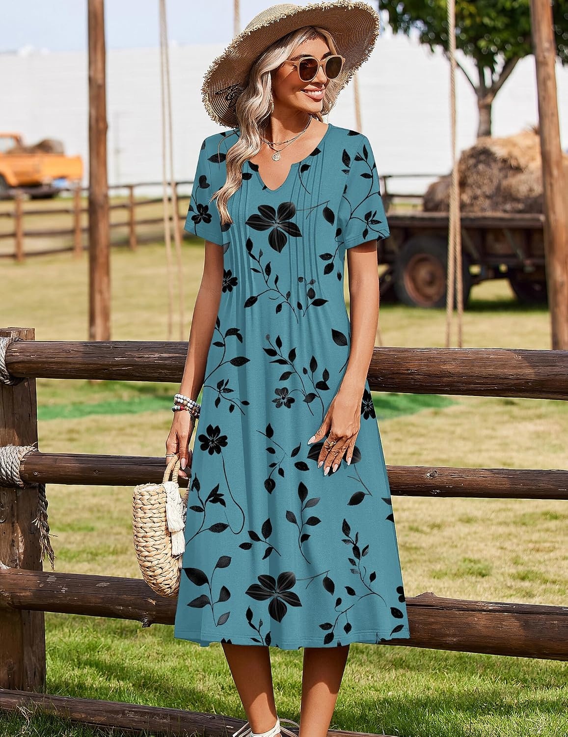 image:imageZeagoo Summer Dresses for Women 2026 Casual Short Sleeve Aline Midi Dress with Pocket Flowy Pleated Tshirt Beach SundressSf237