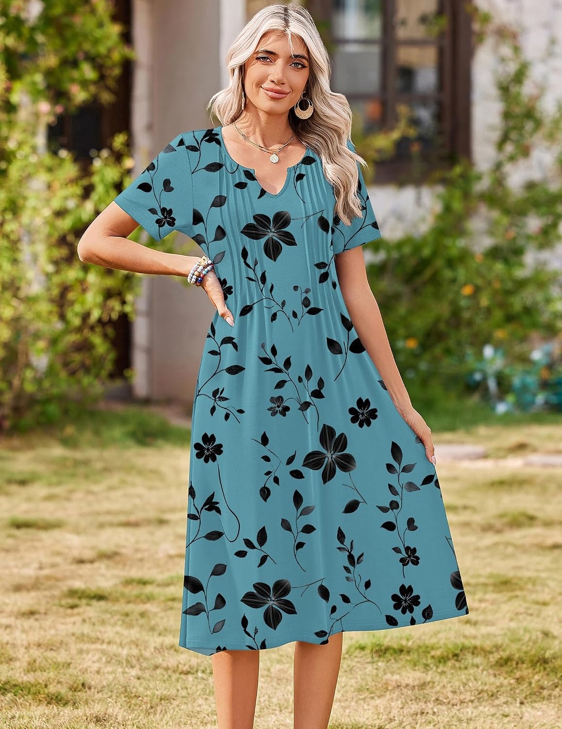 image:imageZeagoo Summer Dresses for Women 2026 Casual Short Sleeve Aline Midi Dress with Pocket Flowy Pleated Tshirt Beach SundressSf237