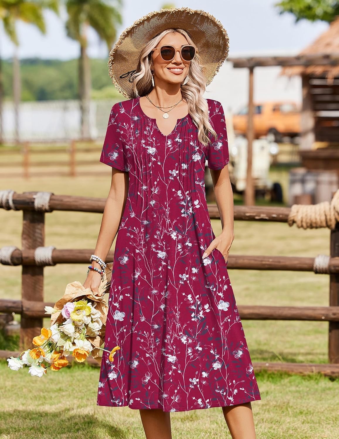 image:imageZeagoo Summer Dresses for Women 2026 Casual Short Sleeve Aline Midi Dress with Pocket Flowy Pleated Tshirt Beach SundressSf243
