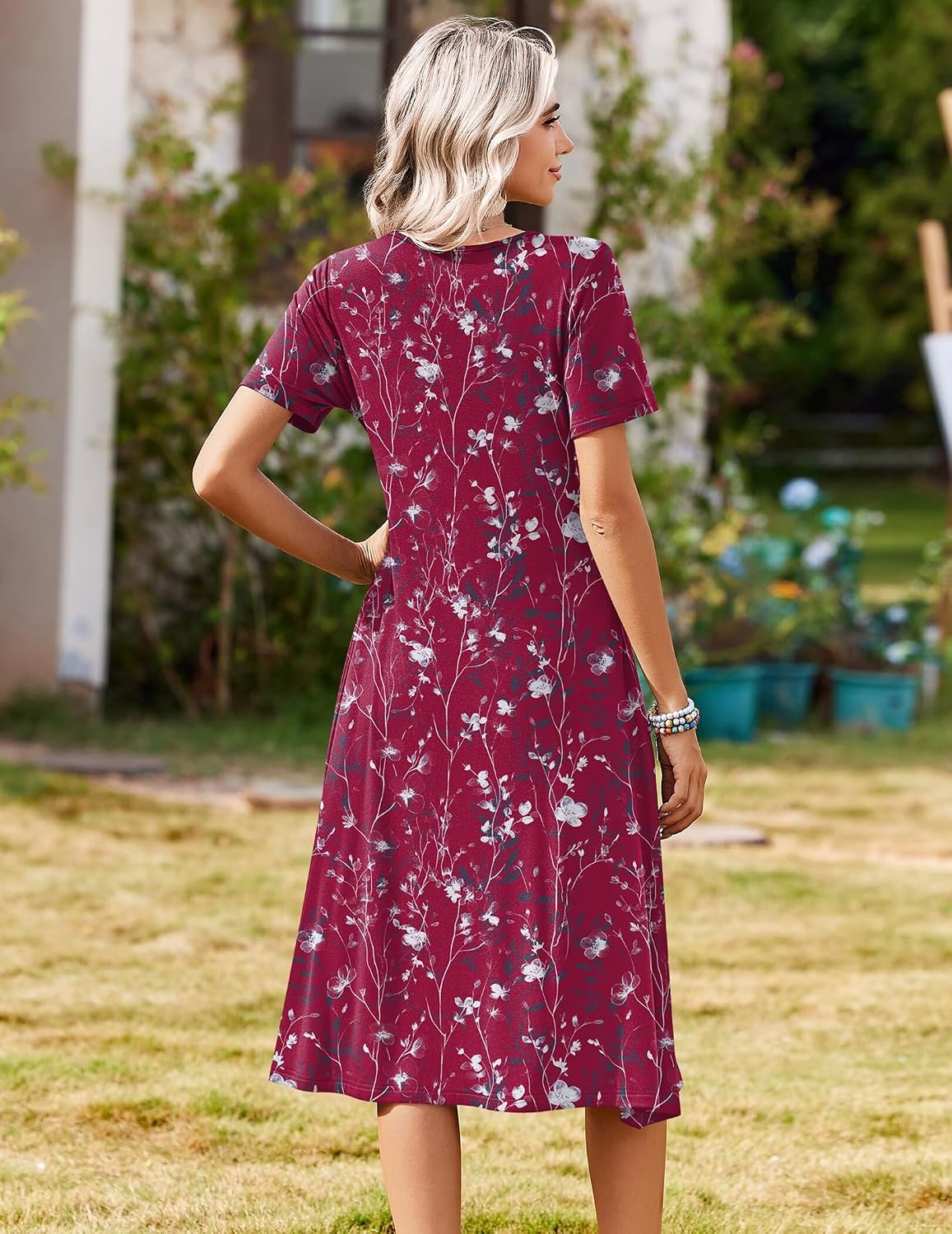 image:imageZeagoo Summer Dresses for Women 2026 Casual Short Sleeve Aline Midi Dress with Pocket Flowy Pleated Tshirt Beach SundressSf243