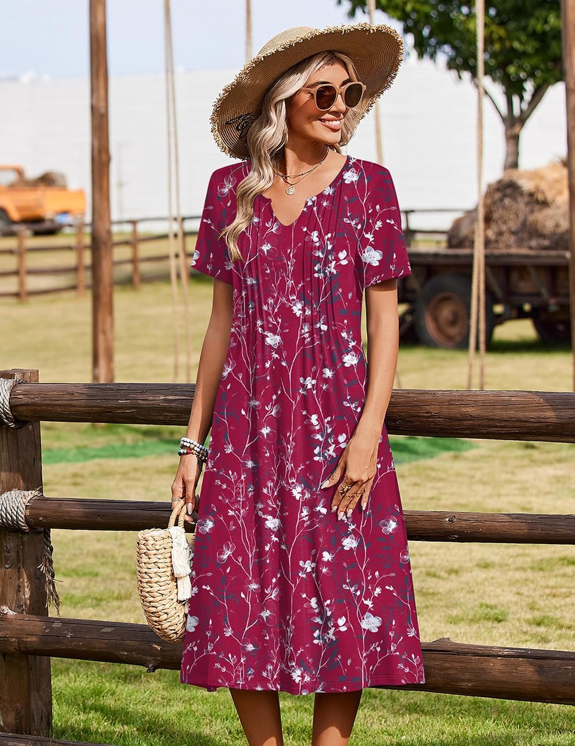 image:imageZeagoo Summer Dresses for Women 2026 Casual Short Sleeve Aline Midi Dress with Pocket Flowy Pleated Tshirt Beach SundressSf243