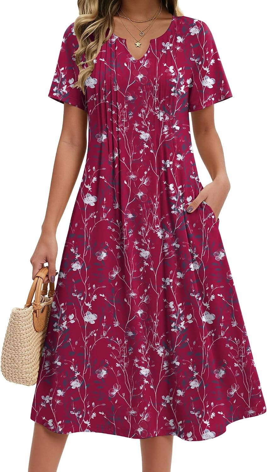 image:imageZeagoo Summer Dresses for Women 2026 Casual Short Sleeve Aline Midi Dress with Pocket Flowy Pleated Tshirt Beach SundressSf243