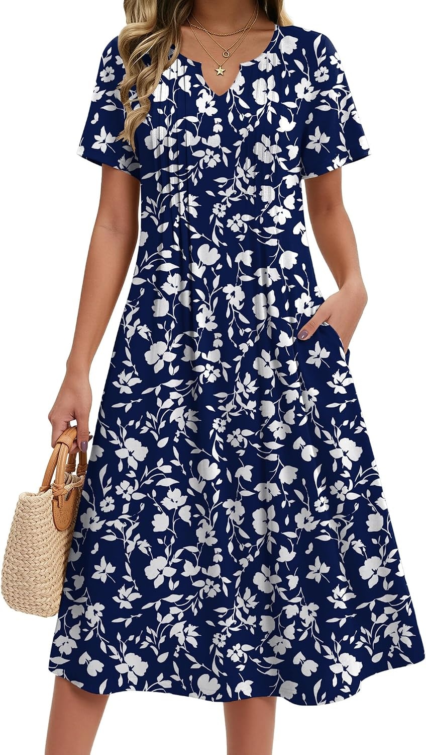 image:imageZeagoo Summer Dresses for Women 2026 Casual Short Sleeve Aline Midi Dress with Pocket Flowy Pleated Tshirt Beach SundressSf297