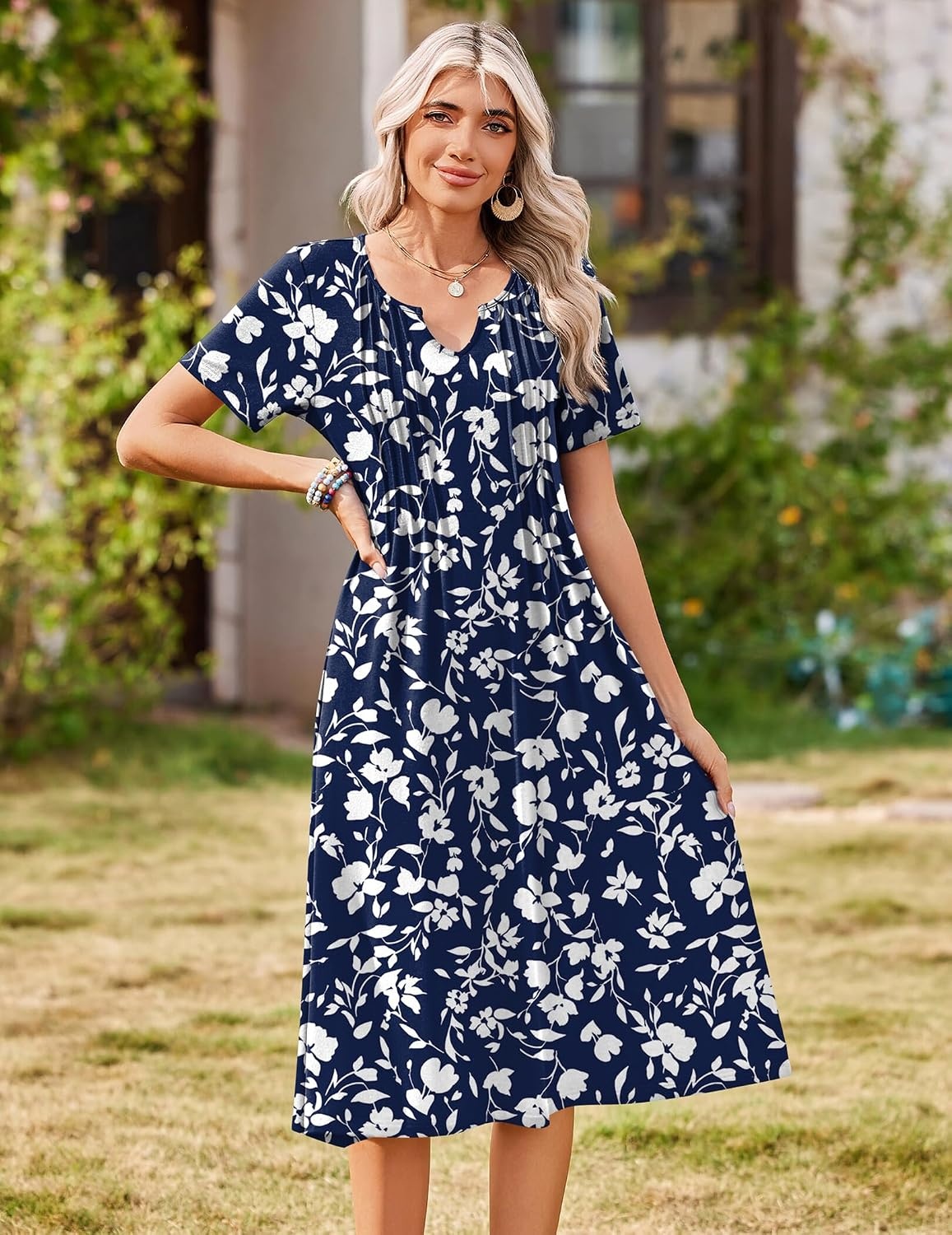 image:imageZeagoo Summer Dresses for Women 2026 Casual Short Sleeve Aline Midi Dress with Pocket Flowy Pleated Tshirt Beach SundressSf297