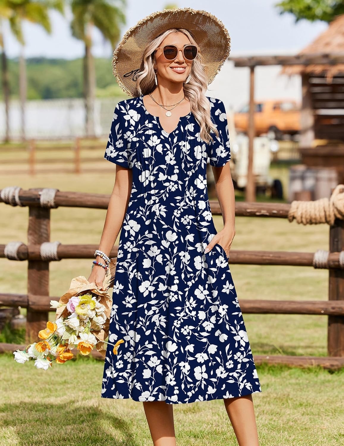 image:imageZeagoo Summer Dresses for Women 2026 Casual Short Sleeve Aline Midi Dress with Pocket Flowy Pleated Tshirt Beach SundressSf297