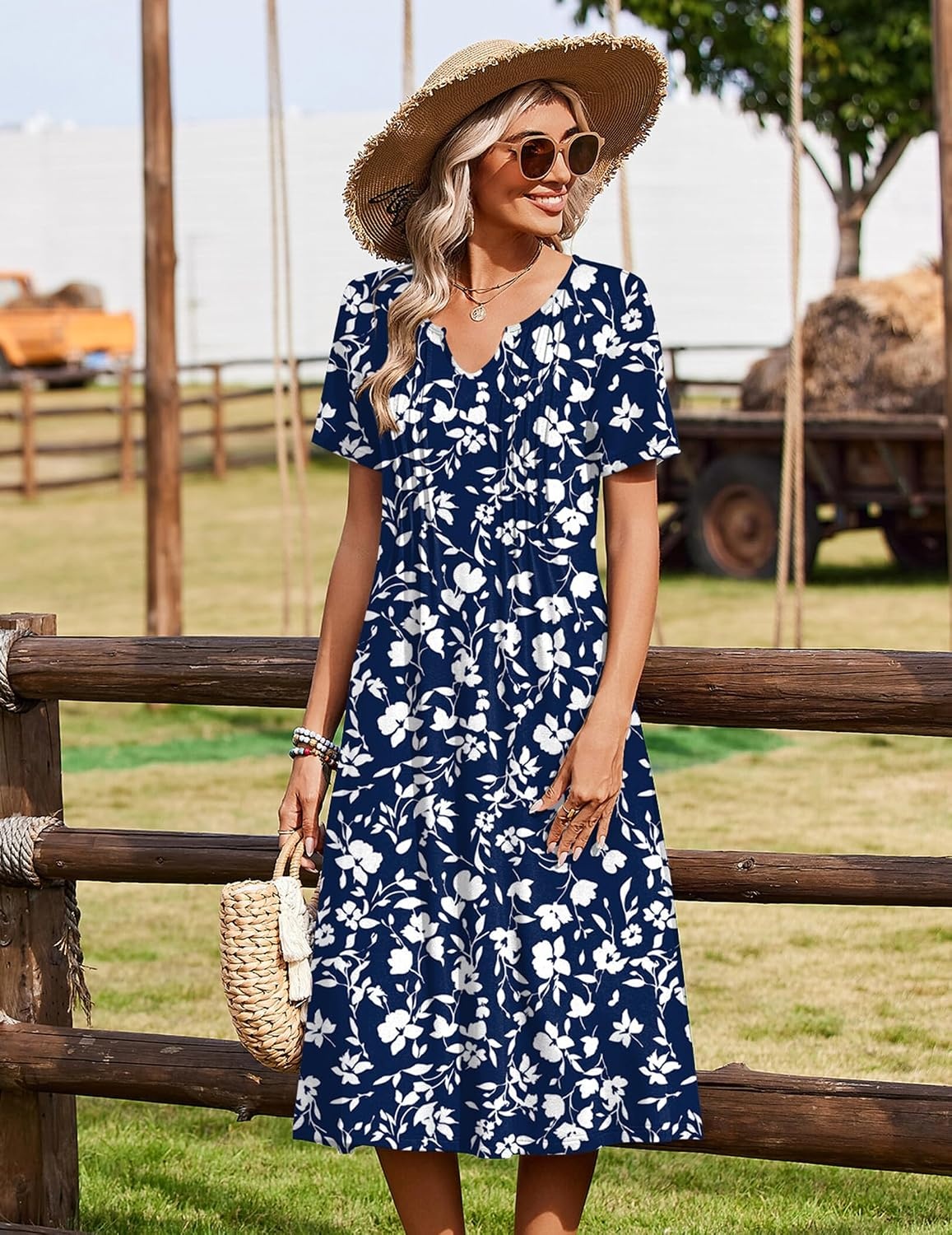 image:imageZeagoo Summer Dresses for Women 2026 Casual Short Sleeve Aline Midi Dress with Pocket Flowy Pleated Tshirt Beach SundressSf297