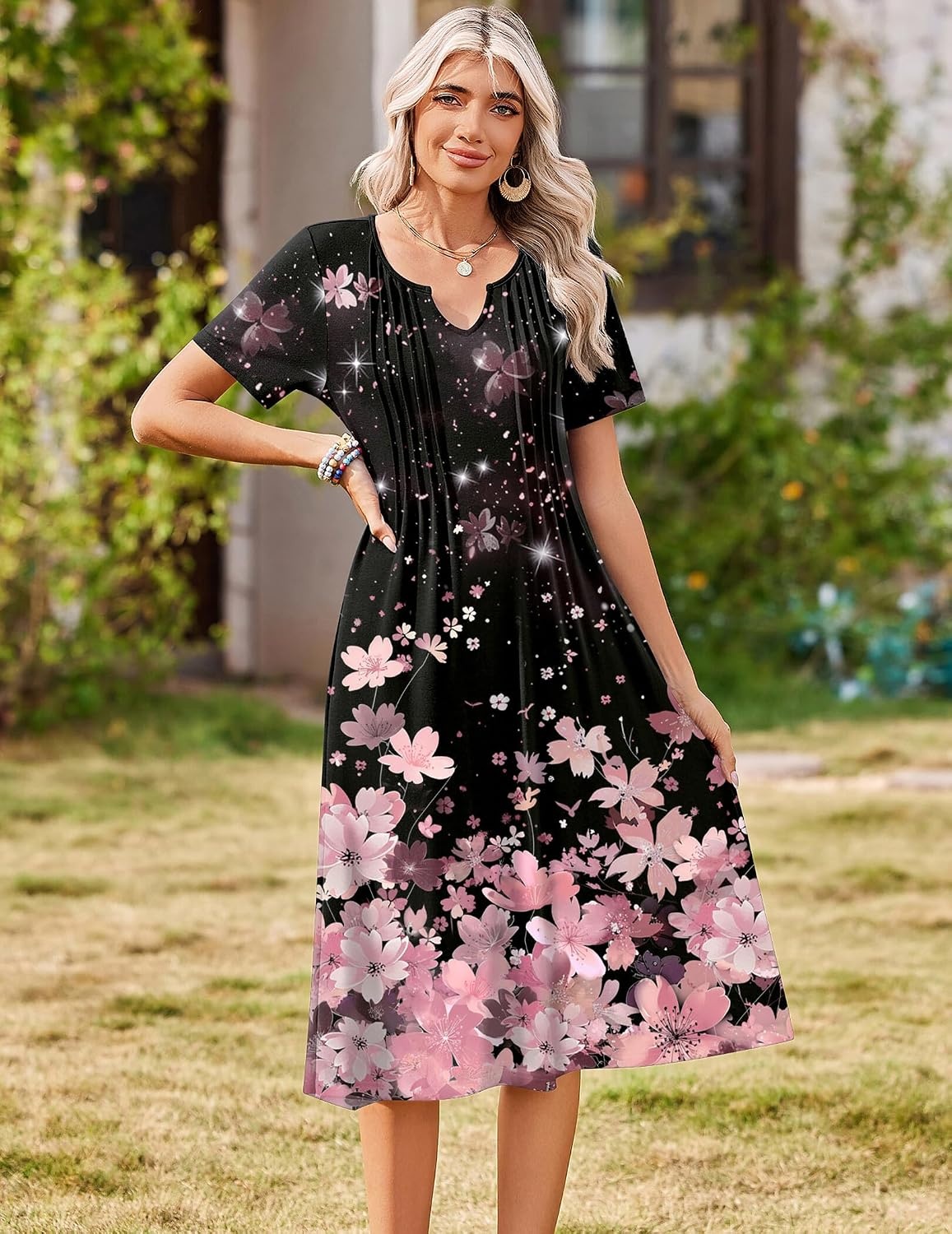 image:imageZeagoo Summer Dresses for Women 2026 Casual Short Sleeve Aline Midi Dress with Pocket Flowy Pleated Tshirt Beach SundressSf31