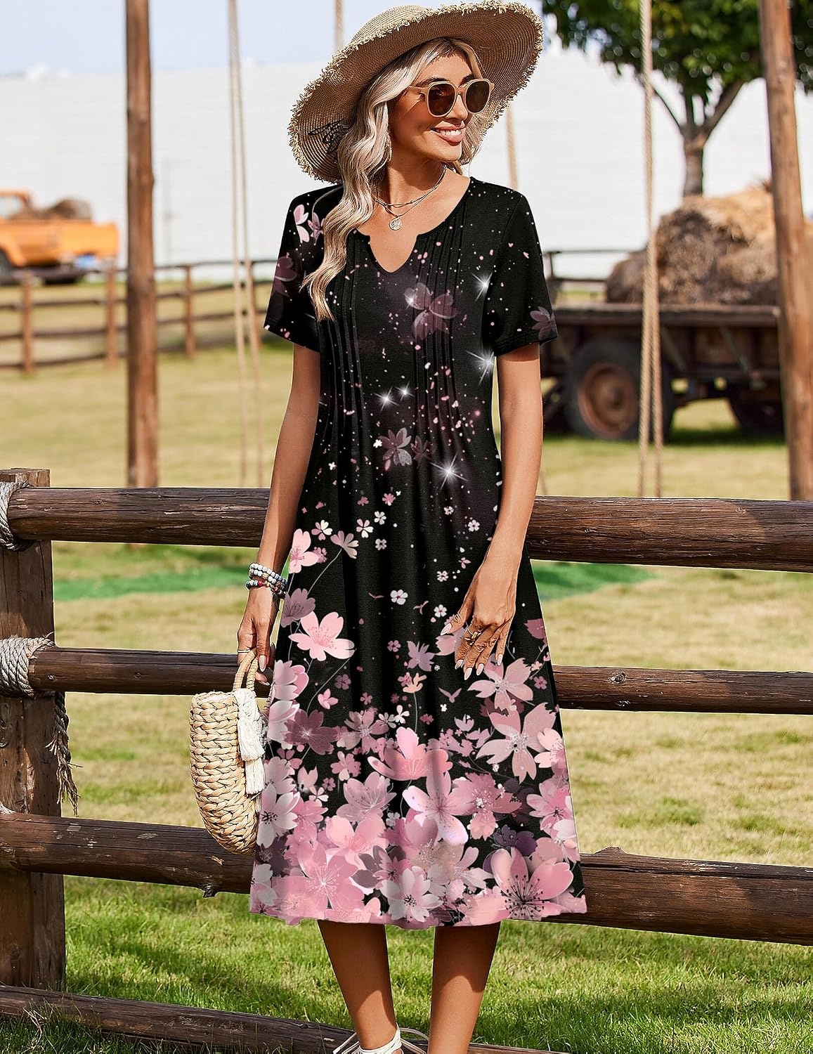 image:imageZeagoo Summer Dresses for Women 2026 Casual Short Sleeve Aline Midi Dress with Pocket Flowy Pleated Tshirt Beach SundressSf31