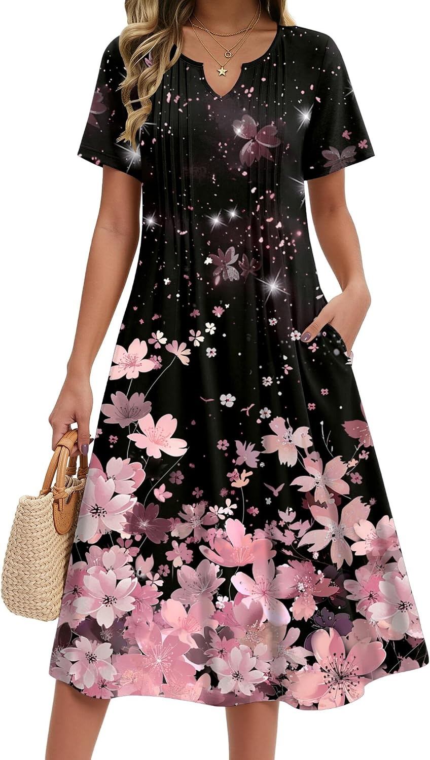 image:imageZeagoo Summer Dresses for Women 2026 Casual Short Sleeve Aline Midi Dress with Pocket Flowy Pleated Tshirt Beach SundressSf31
