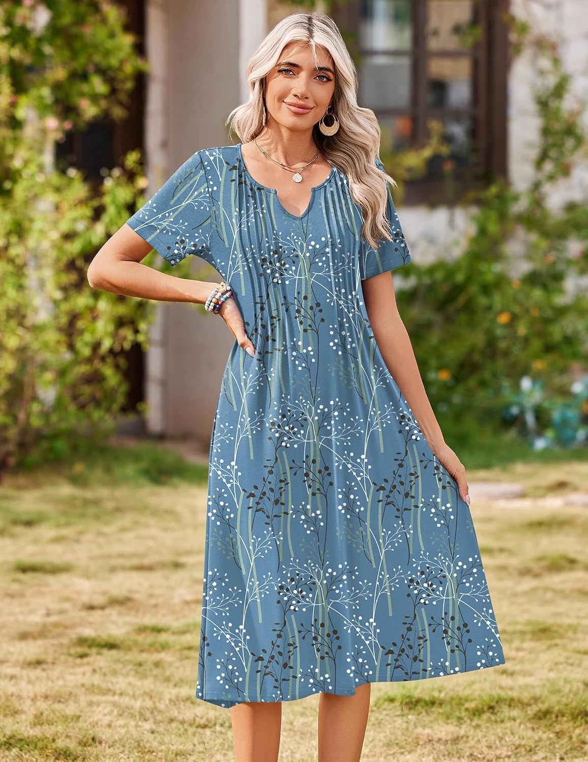 image:imageZeagoo Summer Dresses for Women 2026 Casual Short Sleeve Aline Midi Dress with Pocket Flowy Pleated Tshirt Beach SundressSp111
