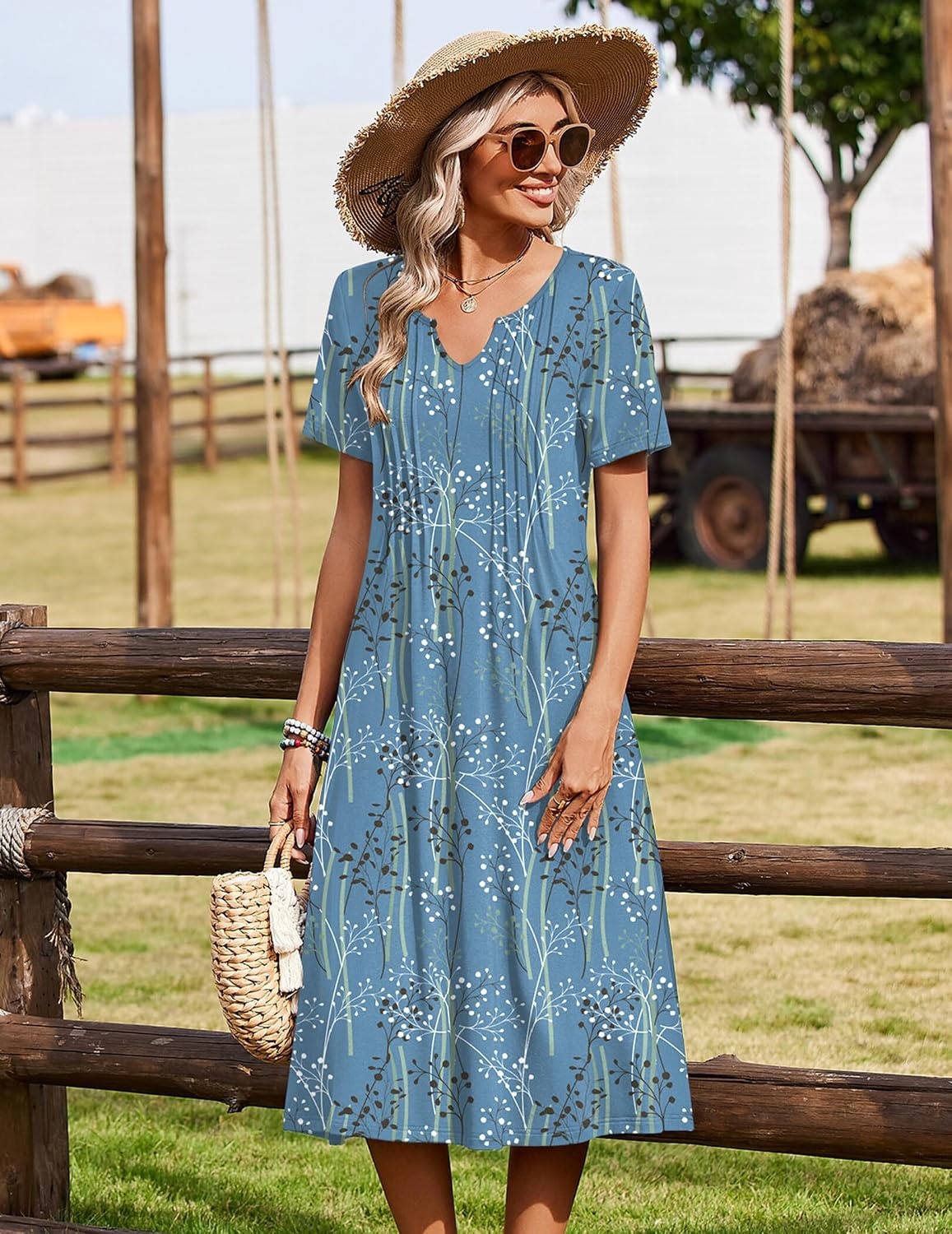 image:imageZeagoo Summer Dresses for Women 2026 Casual Short Sleeve Aline Midi Dress with Pocket Flowy Pleated Tshirt Beach SundressSp111