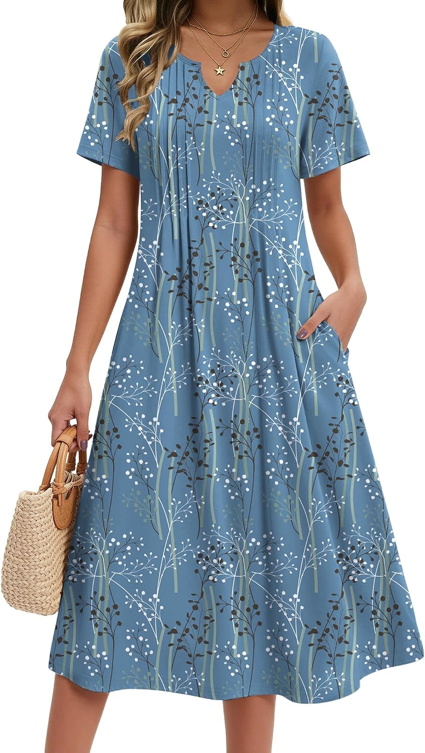 image:imageZeagoo Summer Dresses for Women 2026 Casual Short Sleeve Aline Midi Dress with Pocket Flowy Pleated Tshirt Beach SundressSp111
