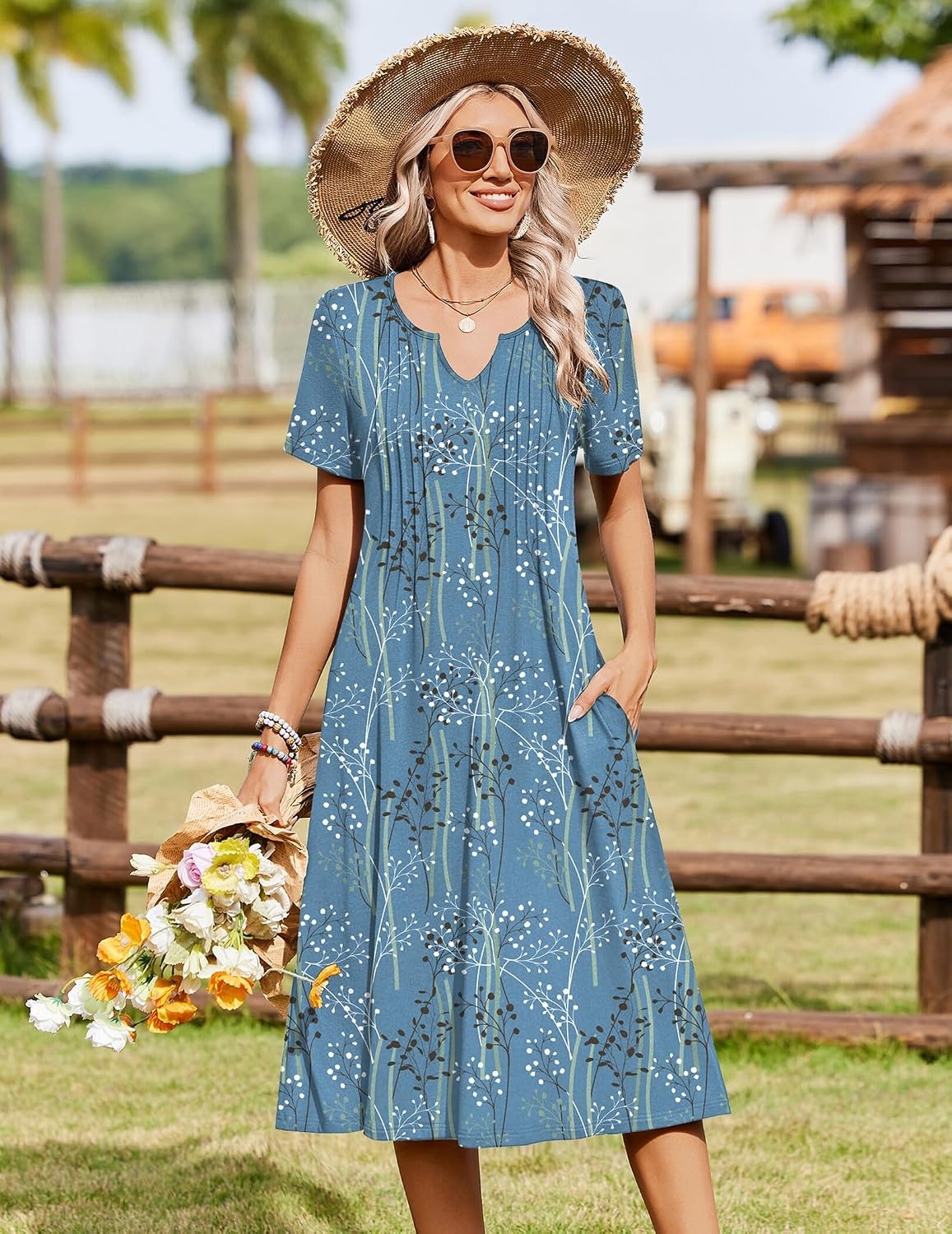 image:imageZeagoo Summer Dresses for Women 2026 Casual Short Sleeve Aline Midi Dress with Pocket Flowy Pleated Tshirt Beach SundressSp111