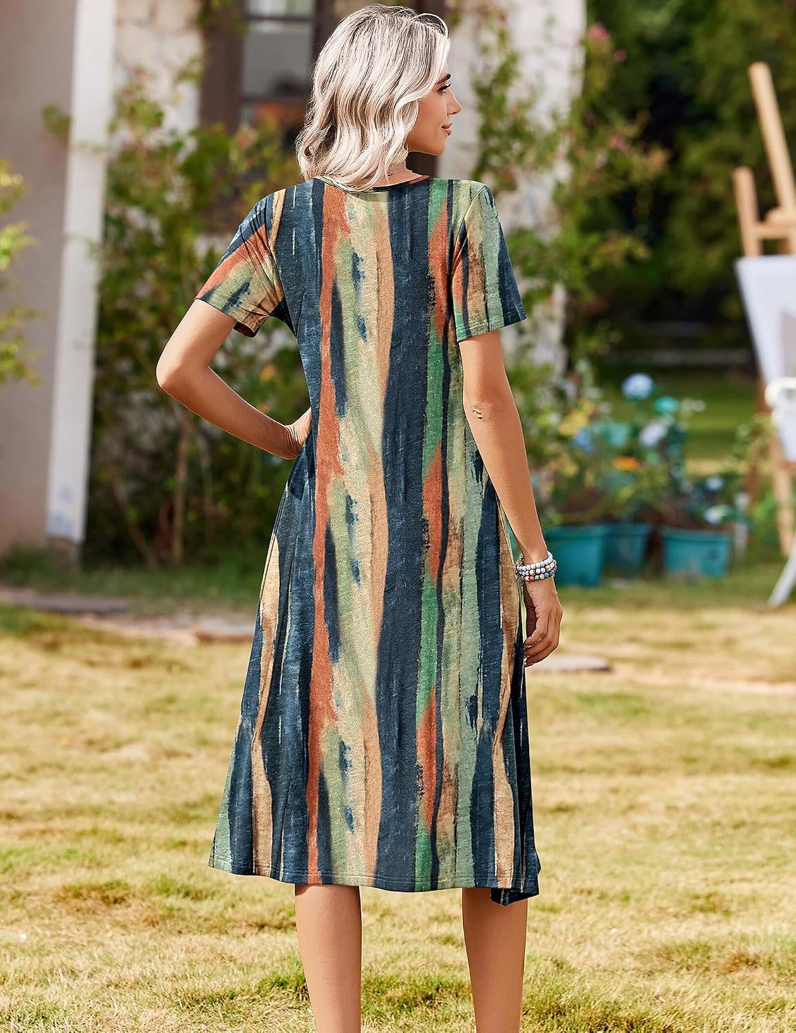 image:imageZeagoo Summer Dresses for Women 2026 Casual Short Sleeve Aline Midi Dress with Pocket Flowy Pleated Tshirt Beach SundressStripe