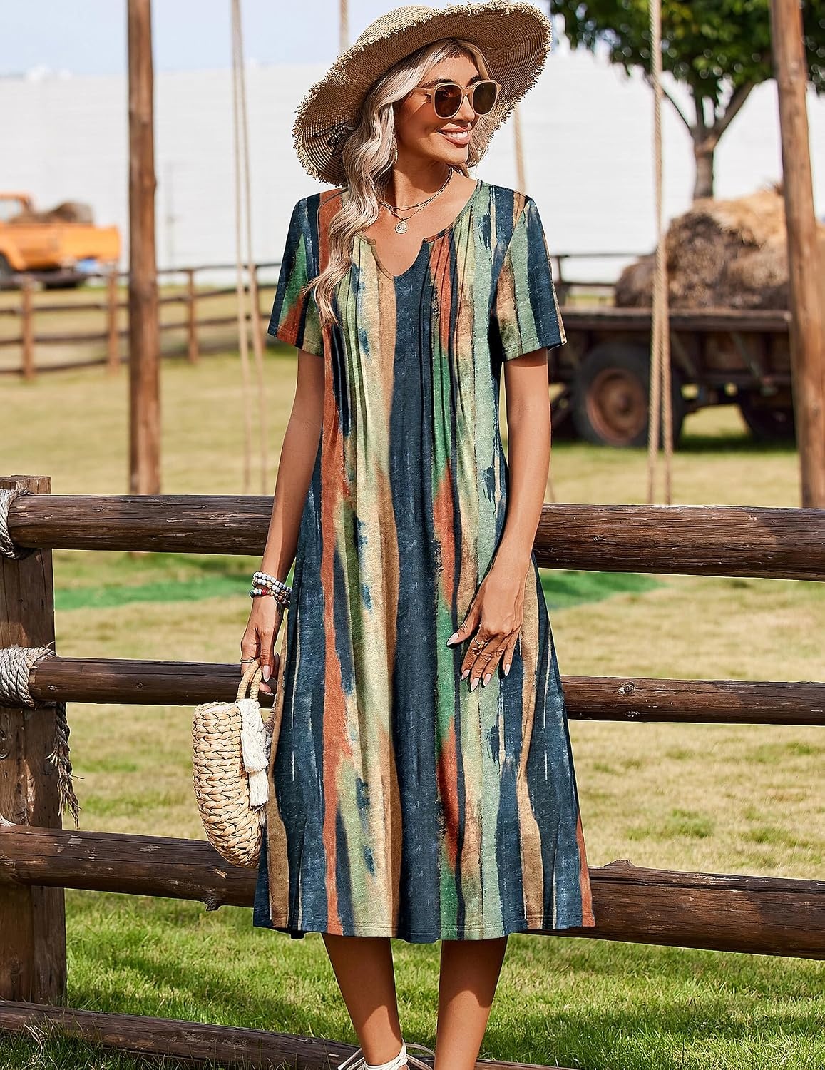 image:imageZeagoo Summer Dresses for Women 2026 Casual Short Sleeve Aline Midi Dress with Pocket Flowy Pleated Tshirt Beach SundressStripe