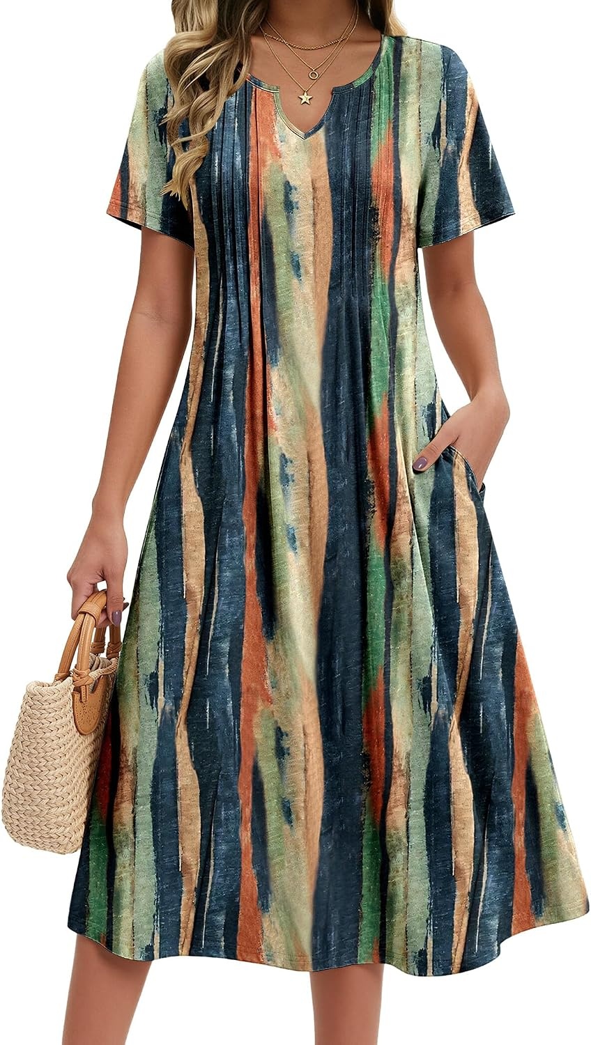 image:imageZeagoo Summer Dresses for Women 2026 Casual Short Sleeve Aline Midi Dress with Pocket Flowy Pleated Tshirt Beach SundressStripe