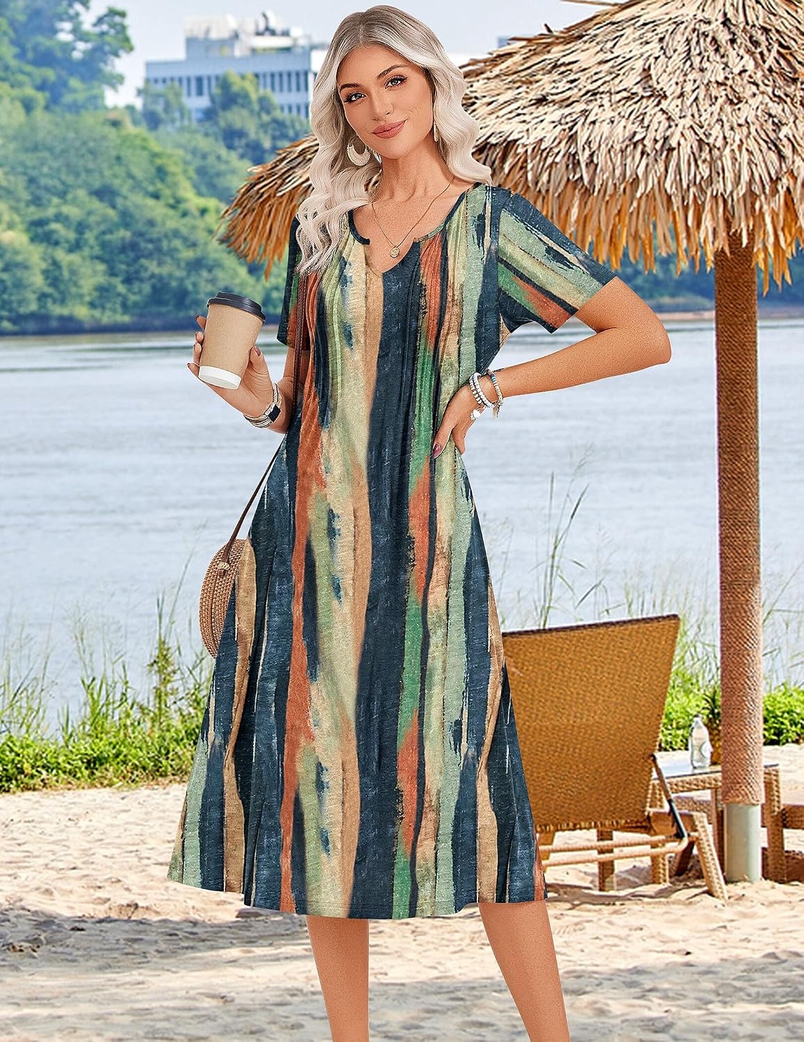 image:imageZeagoo Summer Dresses for Women 2026 Casual Short Sleeve Aline Midi Dress with Pocket Flowy Pleated Tshirt Beach SundressStripe