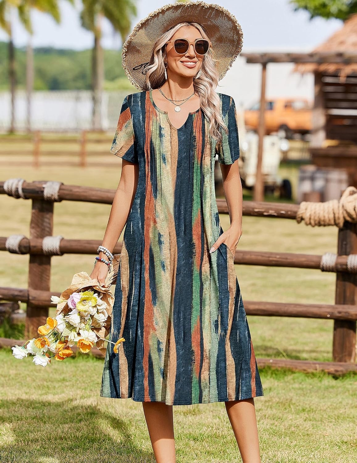 image:imageZeagoo Summer Dresses for Women 2026 Casual Short Sleeve Aline Midi Dress with Pocket Flowy Pleated Tshirt Beach SundressStripe