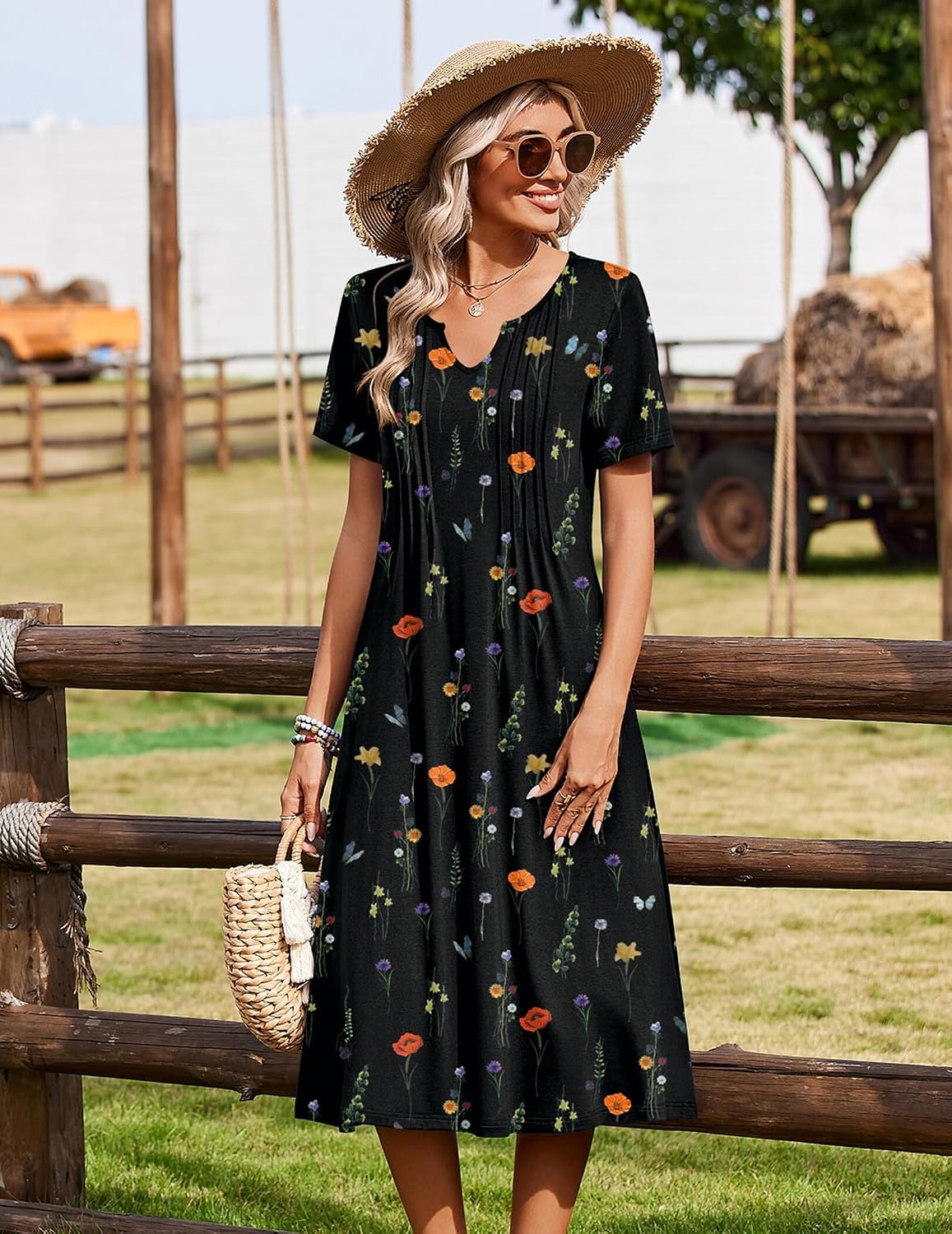 image:imageZeagoo Summer Dresses for Women 2026 Casual Short Sleeve Aline Midi Dress with Pocket Flowy Pleated Tshirt Beach SundressWf100
