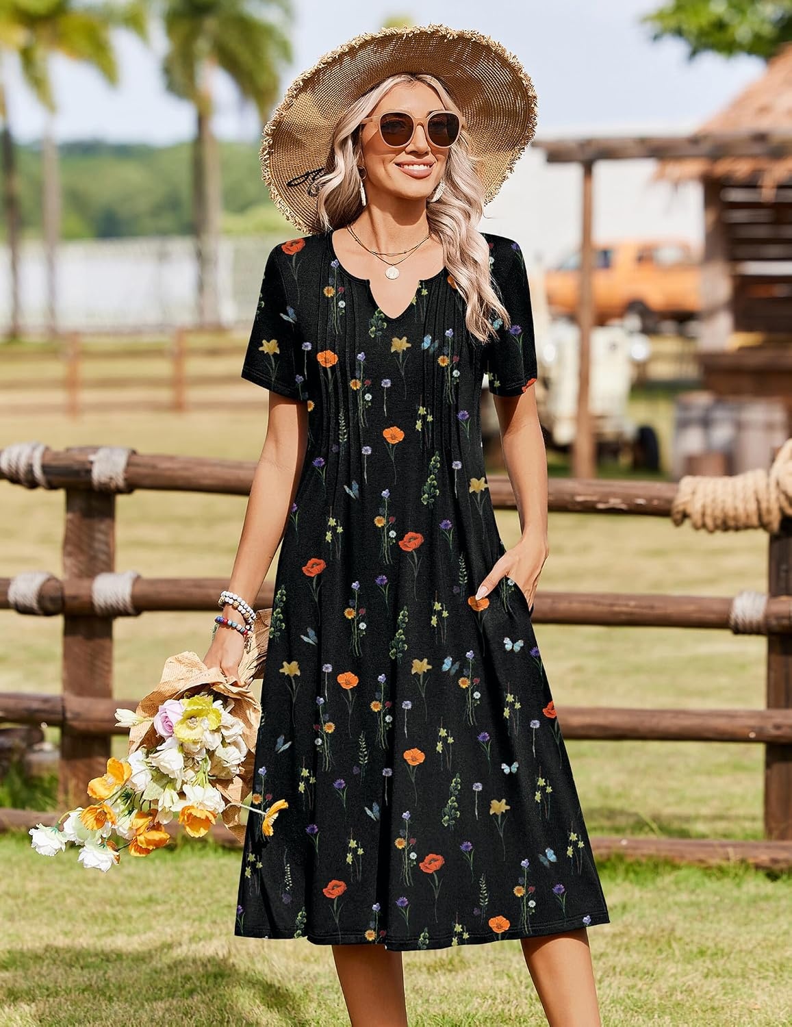 image:imageZeagoo Summer Dresses for Women 2026 Casual Short Sleeve Aline Midi Dress with Pocket Flowy Pleated Tshirt Beach SundressWf100
