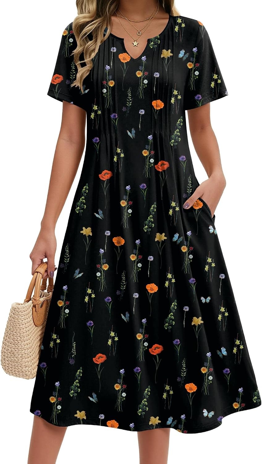 image:imageZeagoo Summer Dresses for Women 2026 Casual Short Sleeve Aline Midi Dress with Pocket Flowy Pleated Tshirt Beach SundressWf100