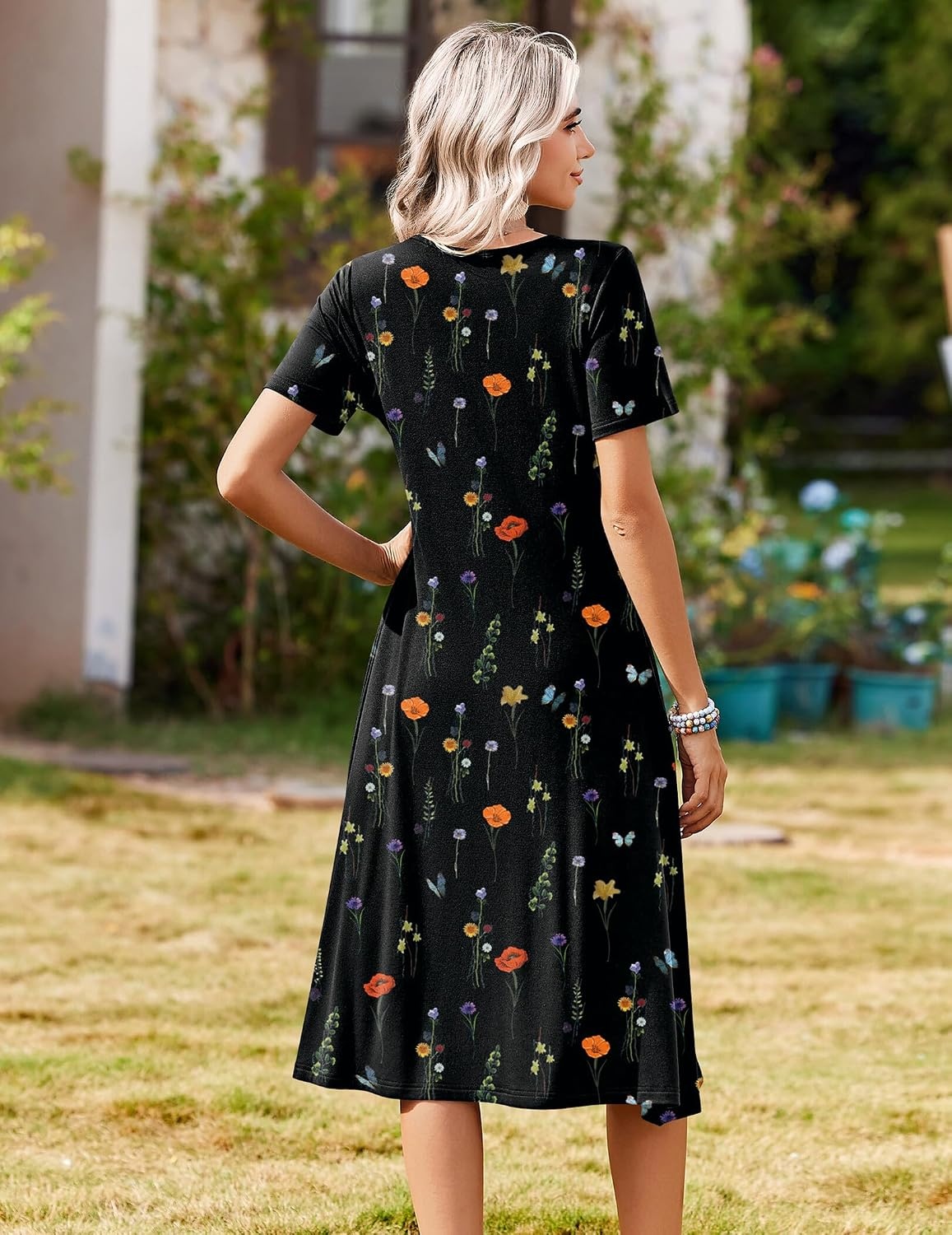 image:imageZeagoo Summer Dresses for Women 2026 Casual Short Sleeve Aline Midi Dress with Pocket Flowy Pleated Tshirt Beach SundressWf100