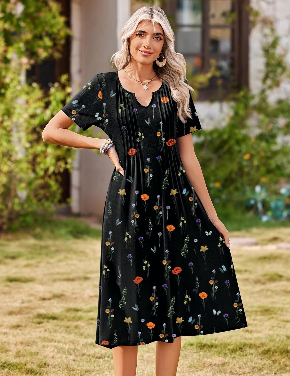 image:imageZeagoo Summer Dresses for Women 2026 Casual Short Sleeve Aline Midi Dress with Pocket Flowy Pleated Tshirt Beach SundressWf100