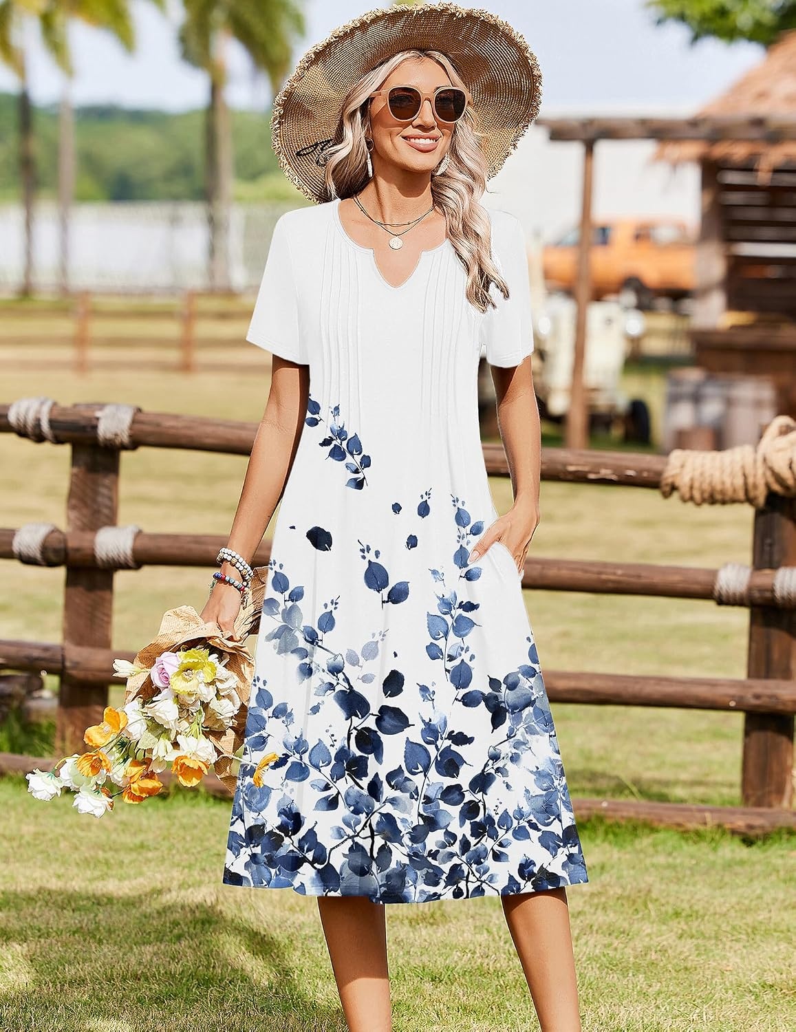 image:imageZeagoo Summer Dresses for Women 2026 Casual Short Sleeve Aline Midi Dress with Pocket Flowy Pleated Tshirt Beach SundressWf118