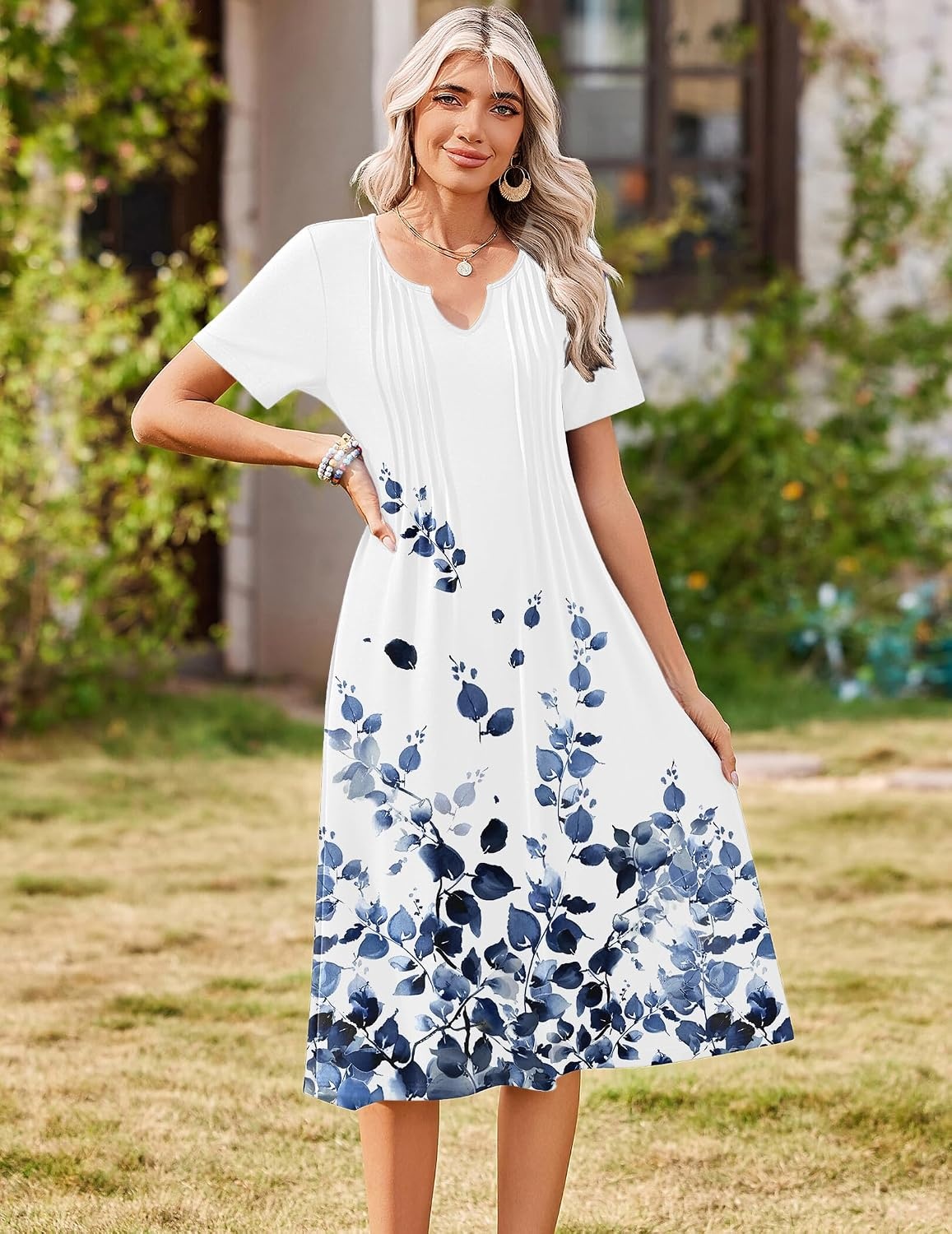 image:imageZeagoo Summer Dresses for Women 2026 Casual Short Sleeve Aline Midi Dress with Pocket Flowy Pleated Tshirt Beach SundressWf118