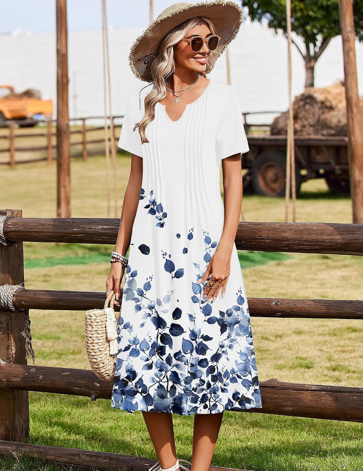 image:imageZeagoo Summer Dresses for Women 2026 Casual Short Sleeve Aline Midi Dress with Pocket Flowy Pleated Tshirt Beach SundressWf118