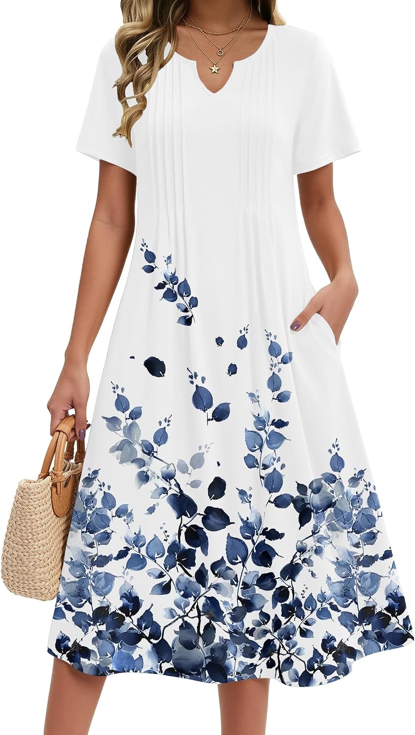 image:imageZeagoo Summer Dresses for Women 2026 Casual Short Sleeve Aline Midi Dress with Pocket Flowy Pleated Tshirt Beach SundressWf118