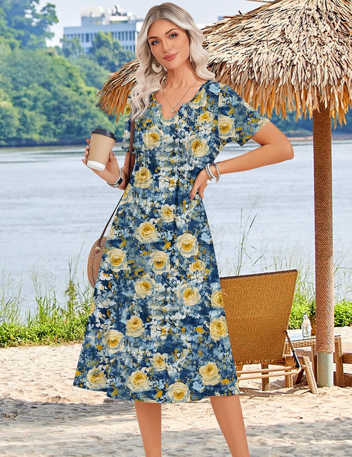 image:imageZeagoo Summer Dresses for Women 2026 Casual Short Sleeve Aline Midi Dress with Pocket Flowy Pleated Tshirt Beach SundressWf139