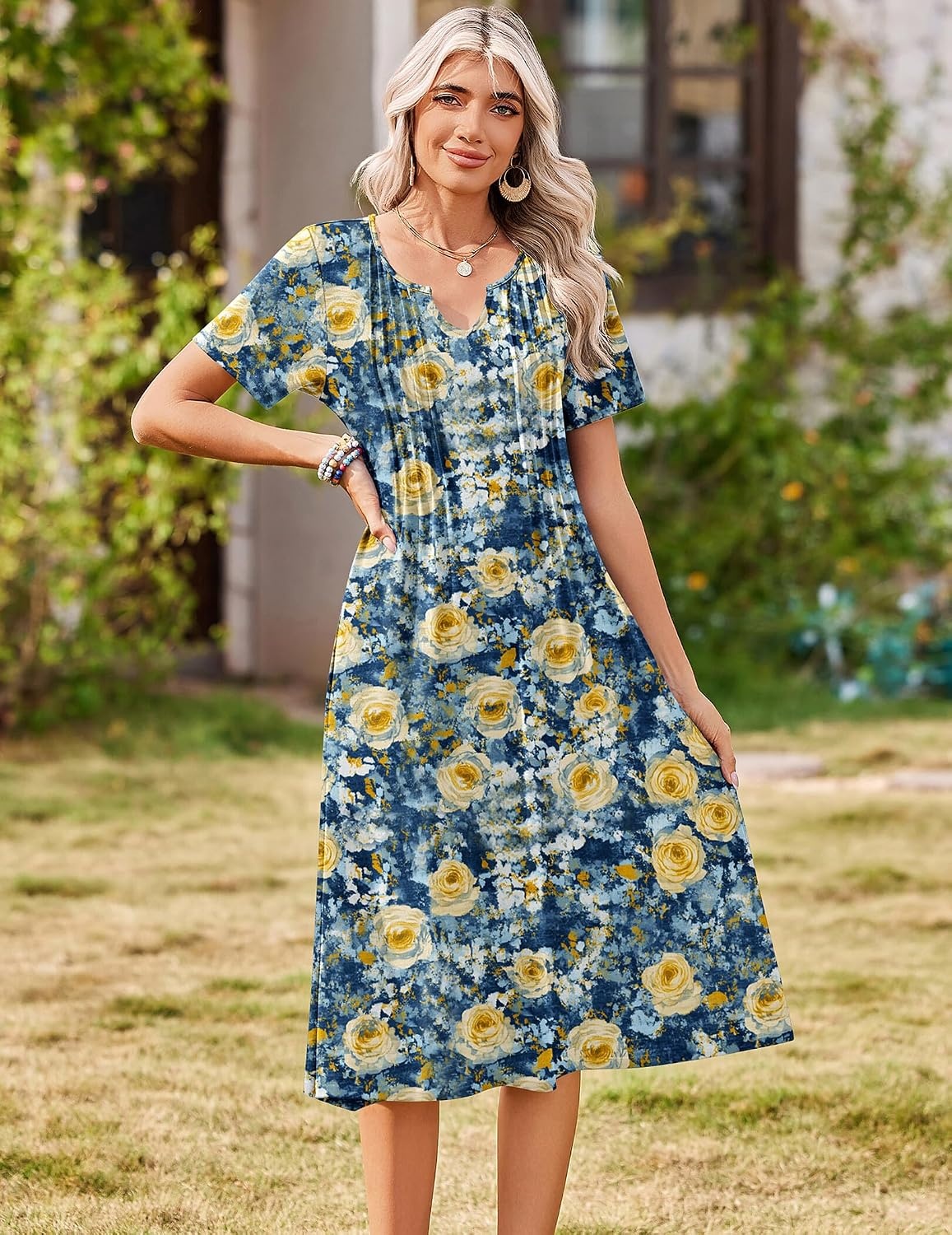 image:imageZeagoo Summer Dresses for Women 2026 Casual Short Sleeve Aline Midi Dress with Pocket Flowy Pleated Tshirt Beach SundressWf139