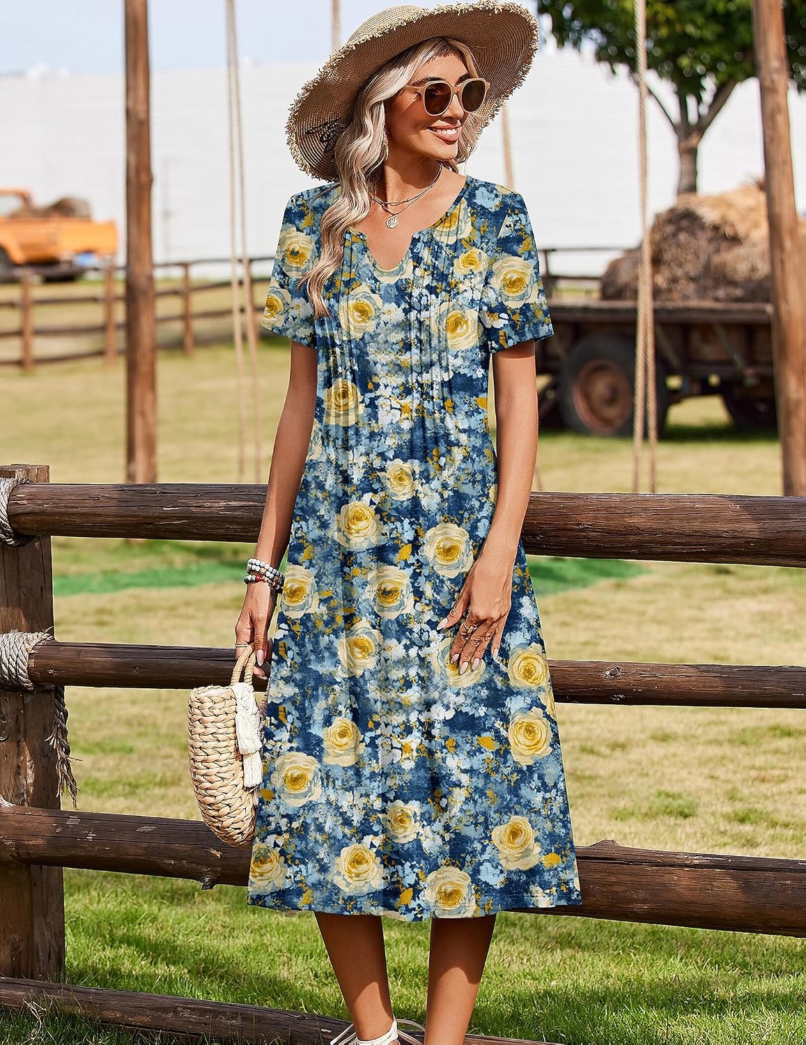 image:imageZeagoo Summer Dresses for Women 2026 Casual Short Sleeve Aline Midi Dress with Pocket Flowy Pleated Tshirt Beach SundressWf139