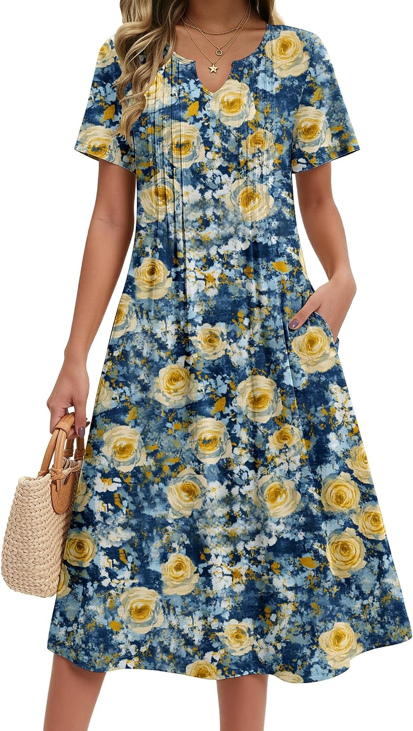 image:imageZeagoo Summer Dresses for Women 2026 Casual Short Sleeve Aline Midi Dress with Pocket Flowy Pleated Tshirt Beach SundressWf139
