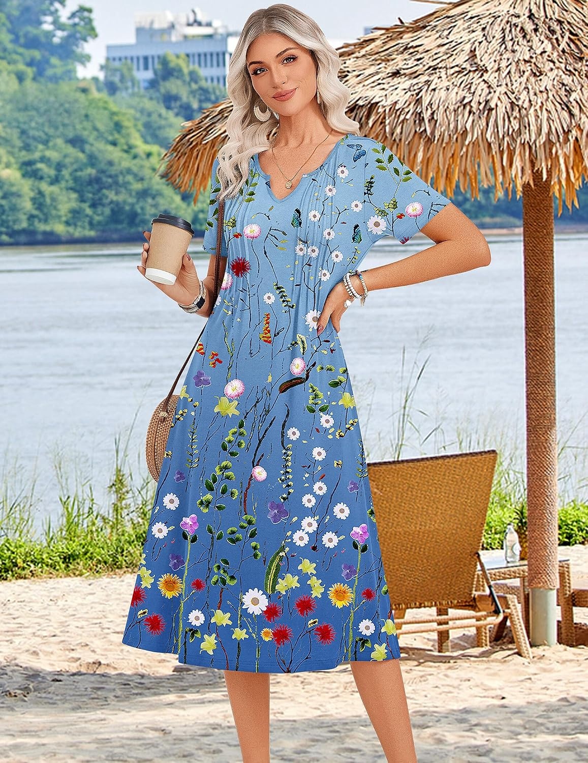 image:imageZeagoo Summer Dresses for Women 2026 Casual Short Sleeve Aline Midi Dress with Pocket Flowy Pleated Tshirt Beach SundressWf89