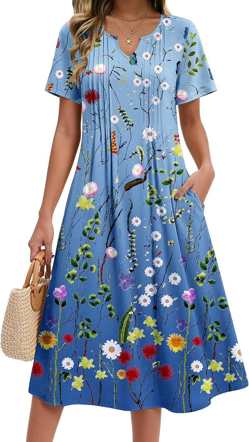 image:imageZeagoo Summer Dresses for Women 2026 Casual Short Sleeve Aline Midi Dress with Pocket Flowy Pleated Tshirt Beach SundressWf89