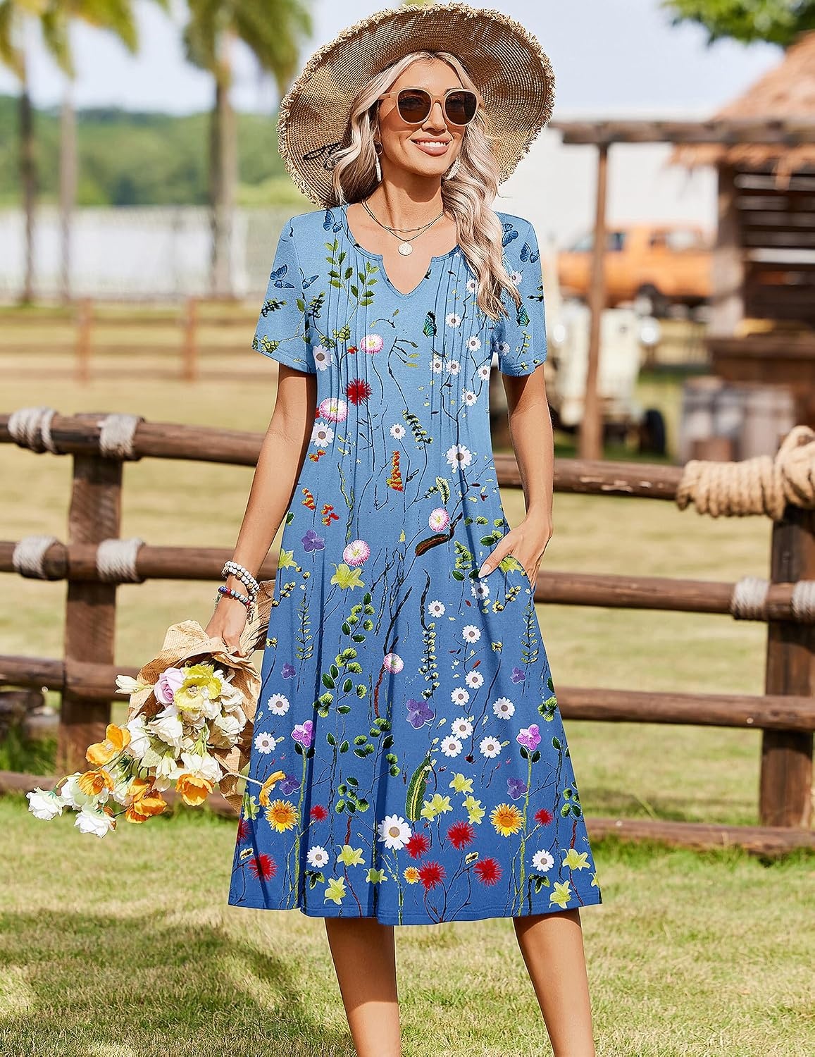 image:imageZeagoo Summer Dresses for Women 2026 Casual Short Sleeve Aline Midi Dress with Pocket Flowy Pleated Tshirt Beach SundressWf89