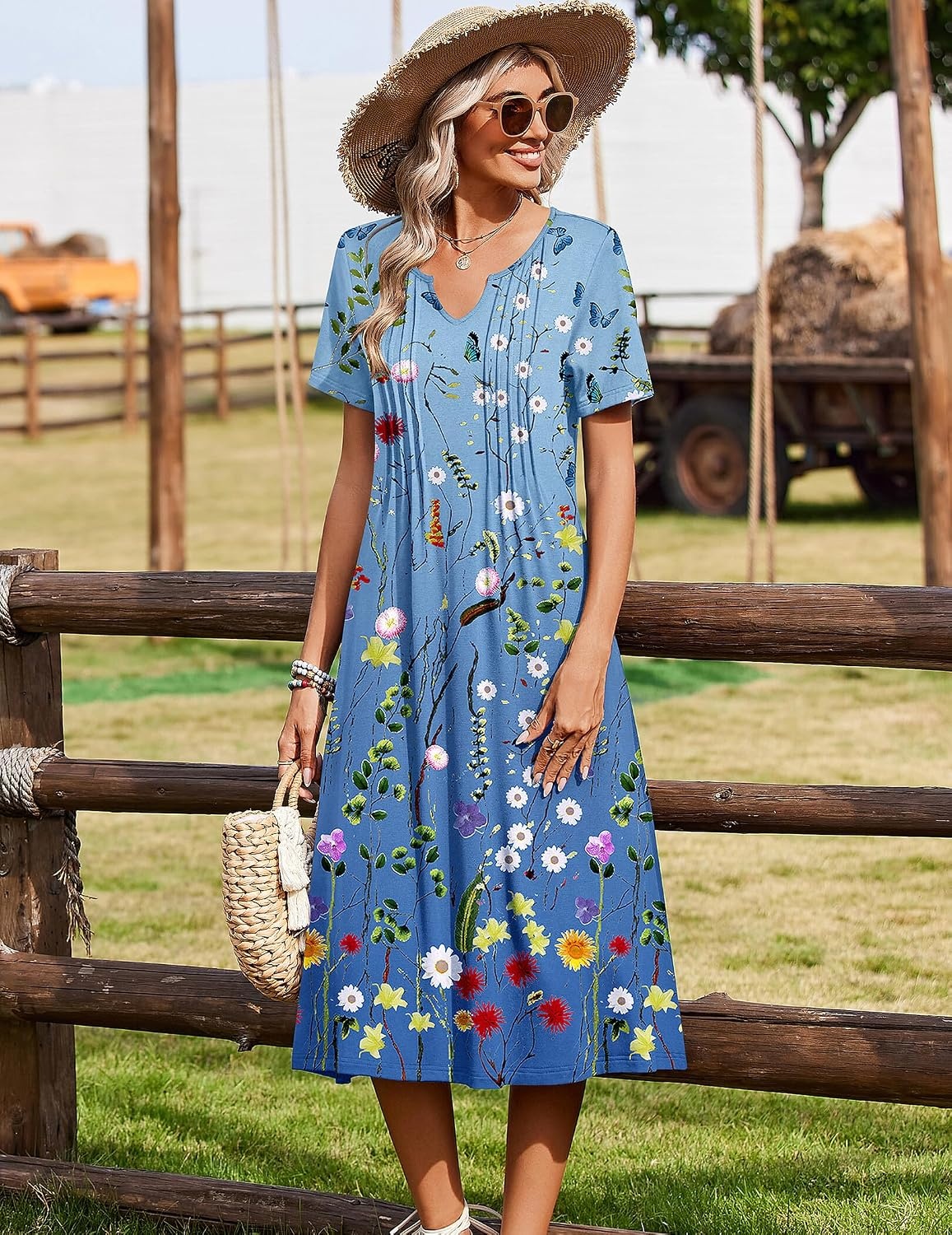 image:imageZeagoo Summer Dresses for Women 2026 Casual Short Sleeve Aline Midi Dress with Pocket Flowy Pleated Tshirt Beach SundressWf89