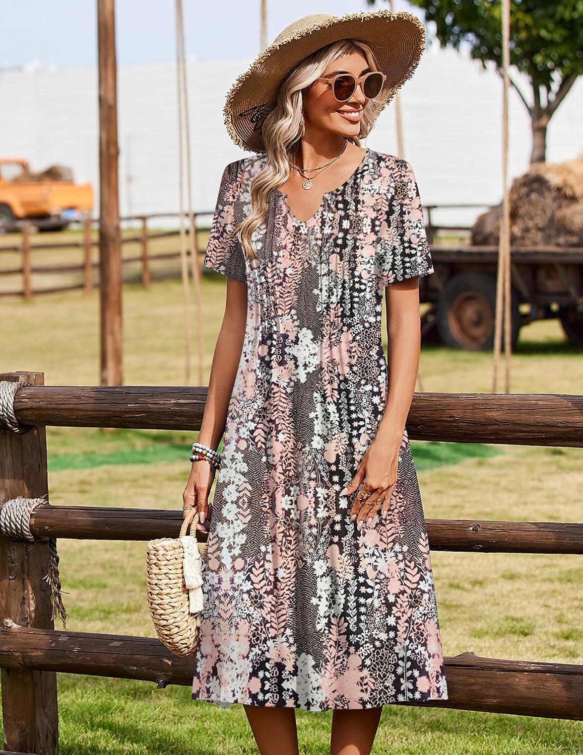 image:imageZeagoo Summer Dresses for Women 2026 Casual Short Sleeve Aline Midi Dress with Pocket Flowy Pleated Tshirt Beach SundressXh265