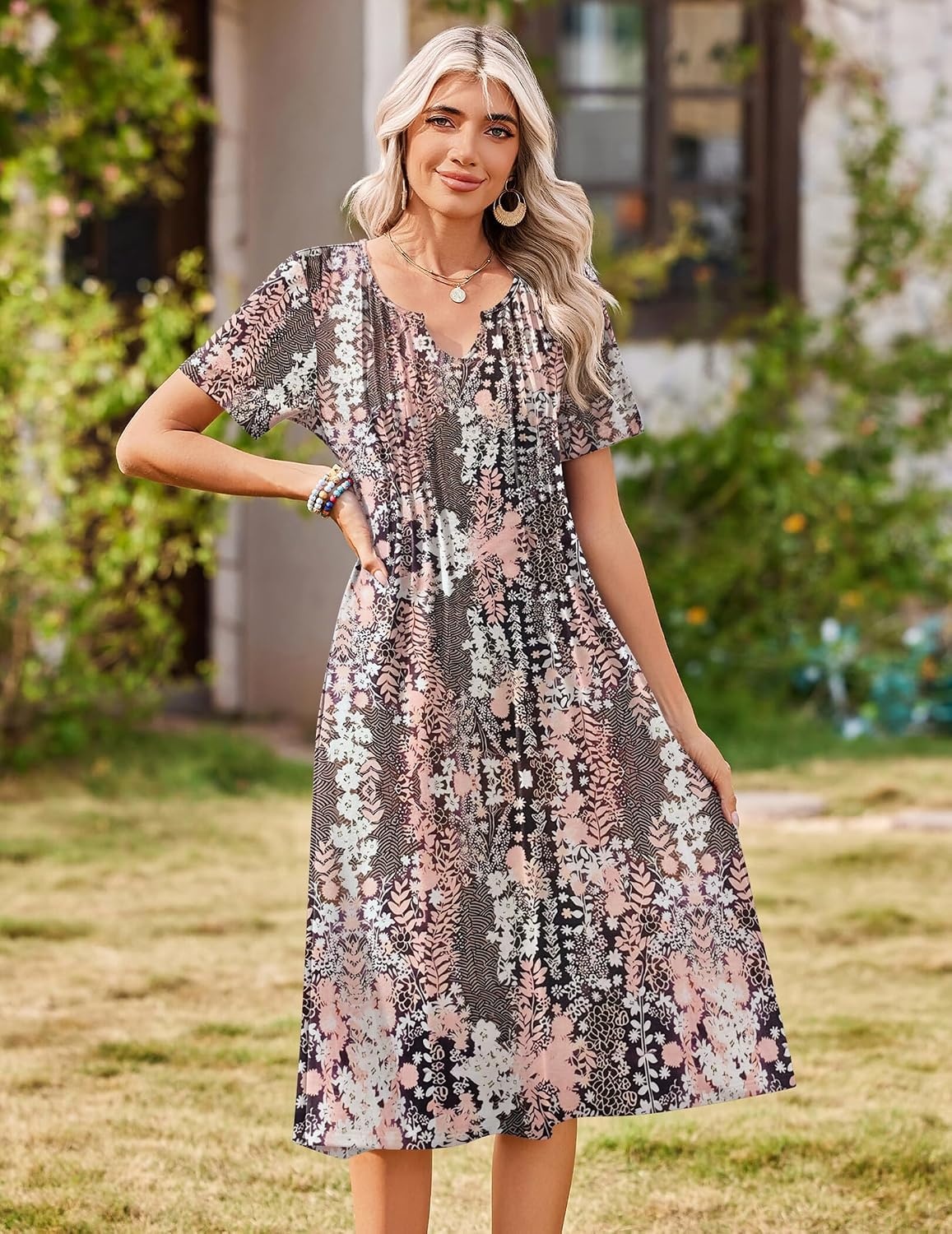 image:imageZeagoo Summer Dresses for Women 2026 Casual Short Sleeve Aline Midi Dress with Pocket Flowy Pleated Tshirt Beach SundressXh265